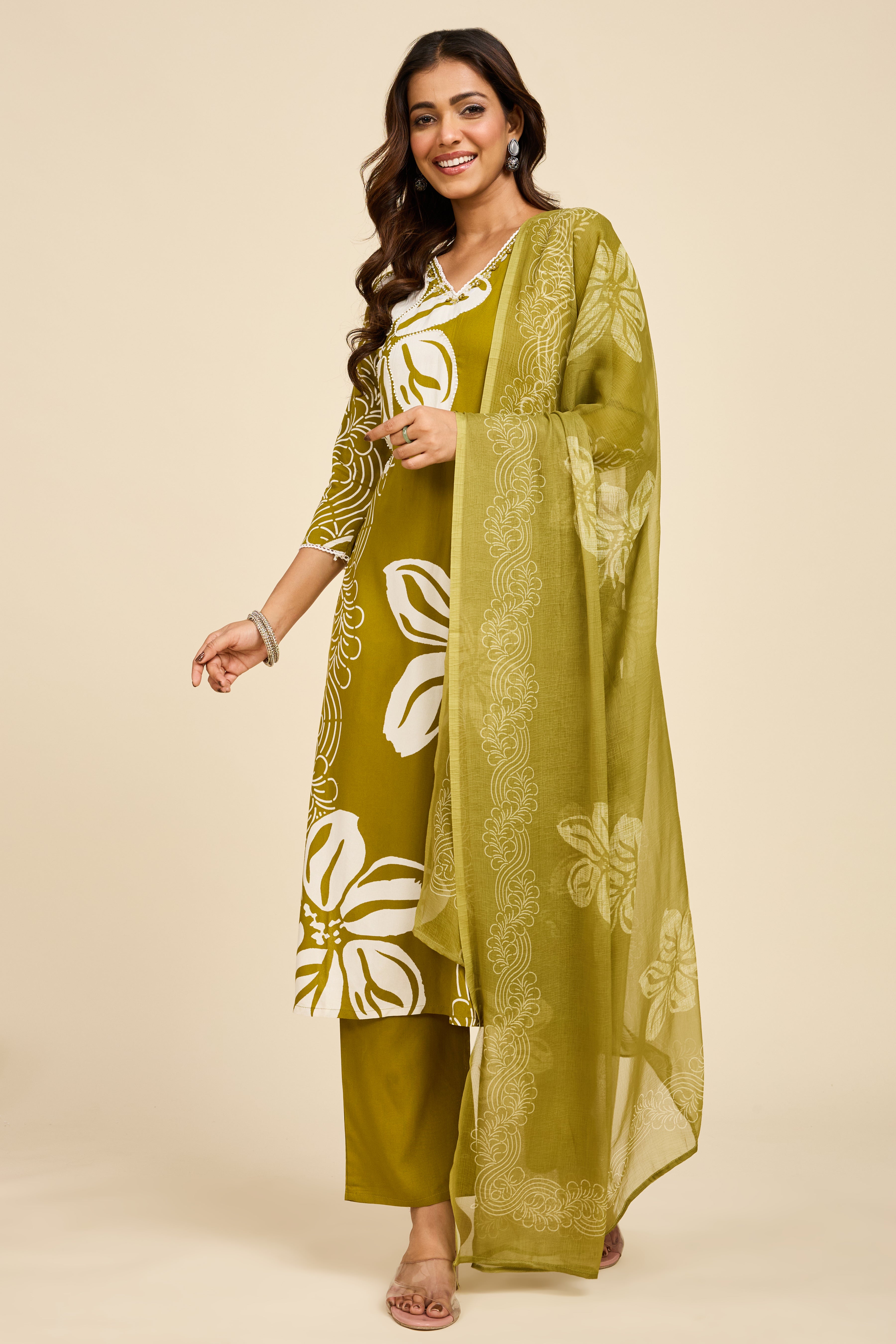 Alaya Select Olive Bloom Cotton Kurta Set