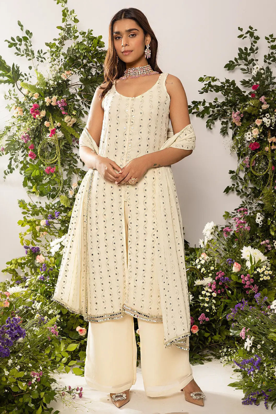 astoria Ivory Mirror Work Front Slit Kurta Set