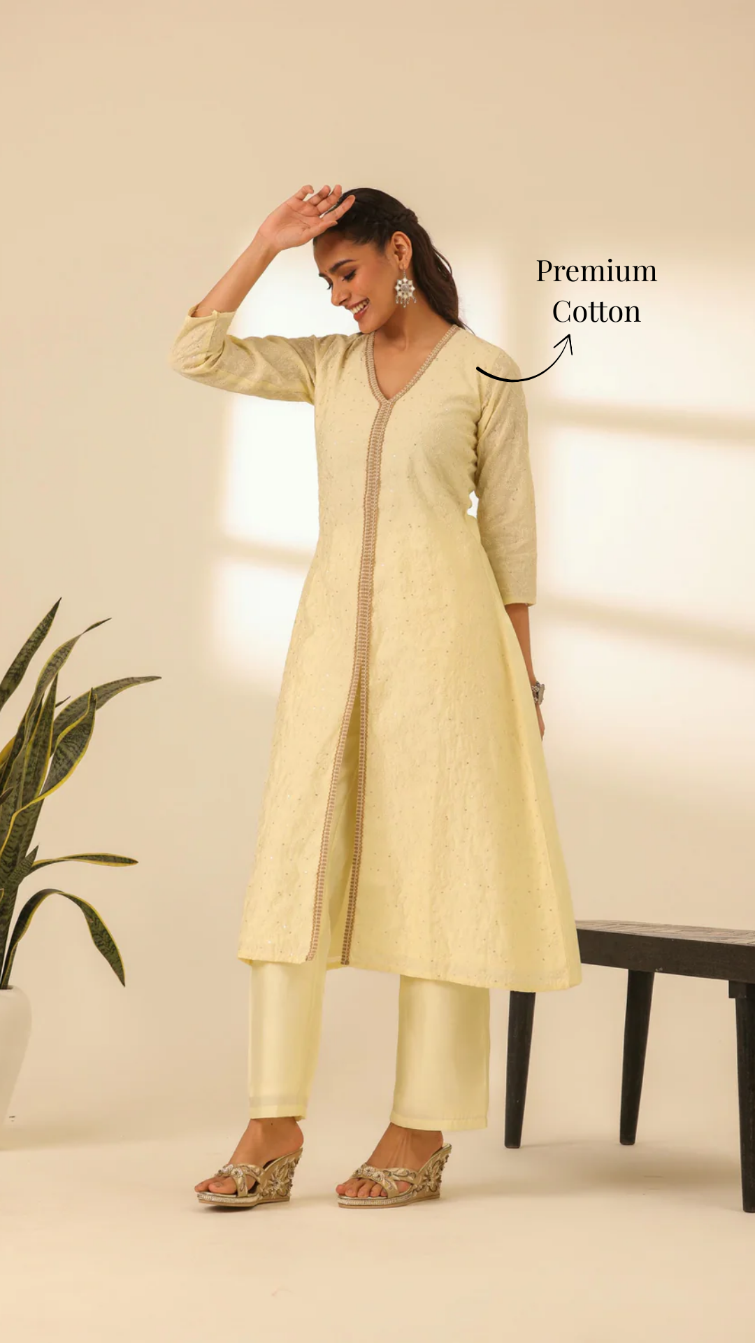 Rangrez Butter Yellow A Line Embroidered Kurta Set