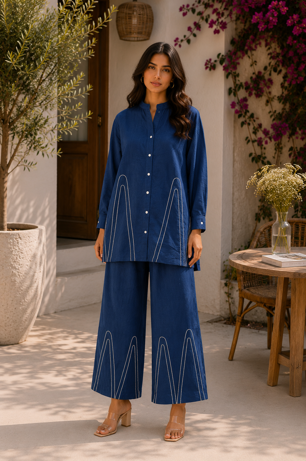 Alaya Select Navy Arch Embroidered Shirt Set