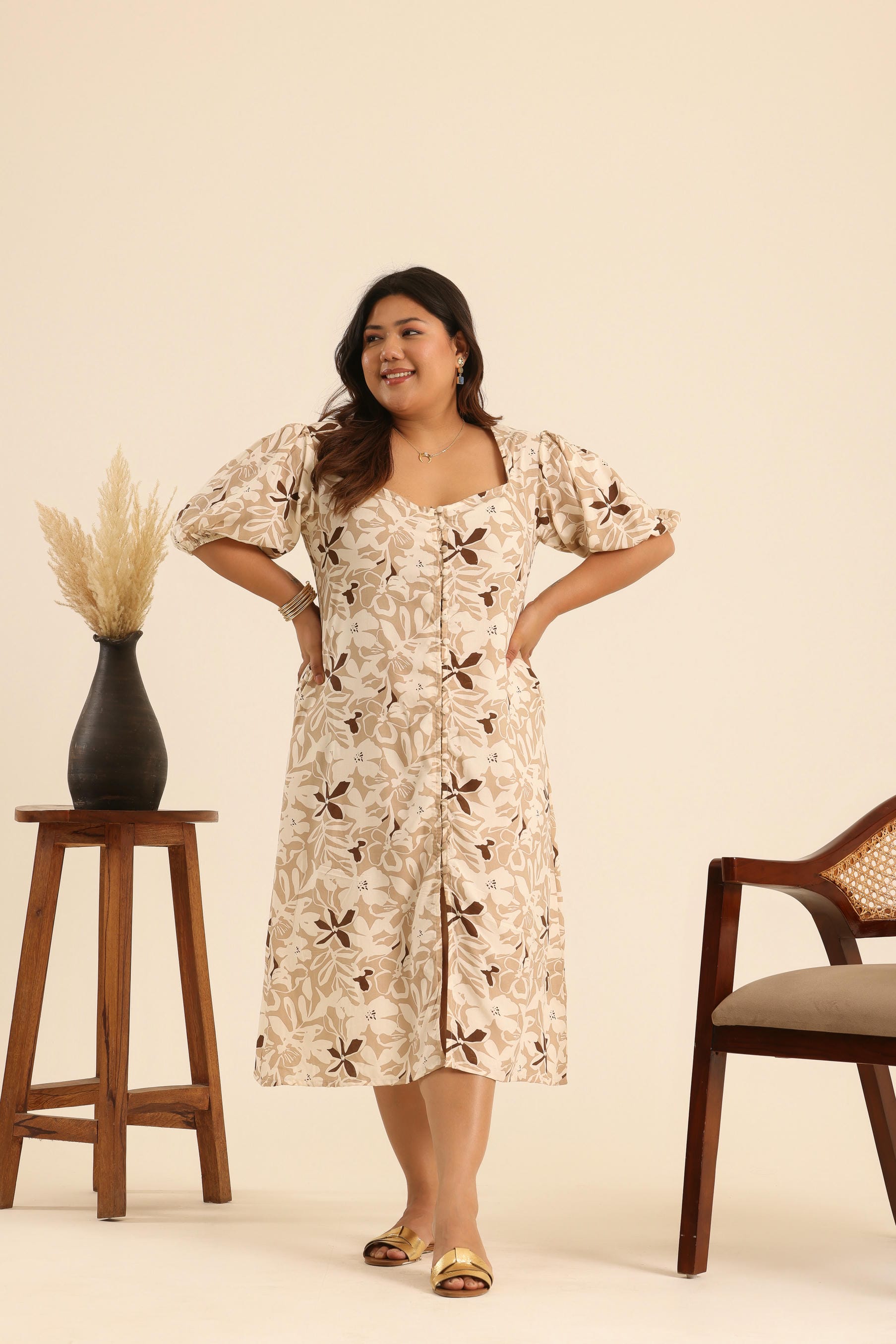 Rangrez Nutty Latte Printed Midi Dress