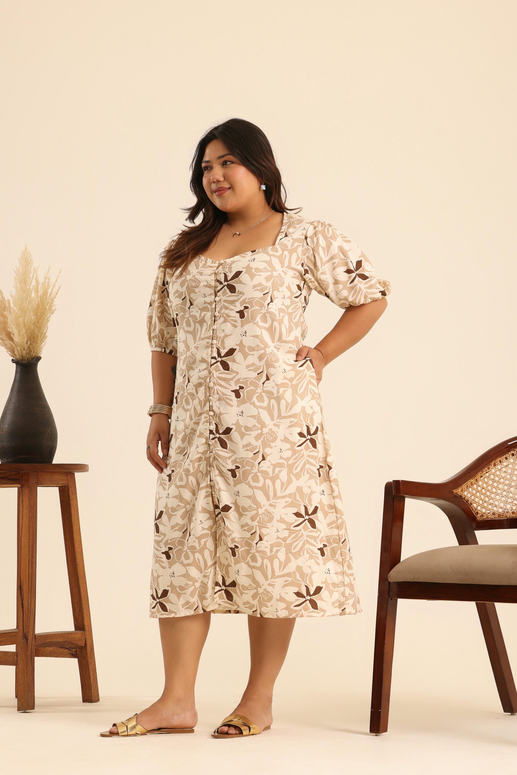 Rangrez Nutty Latte Printed Midi Dress