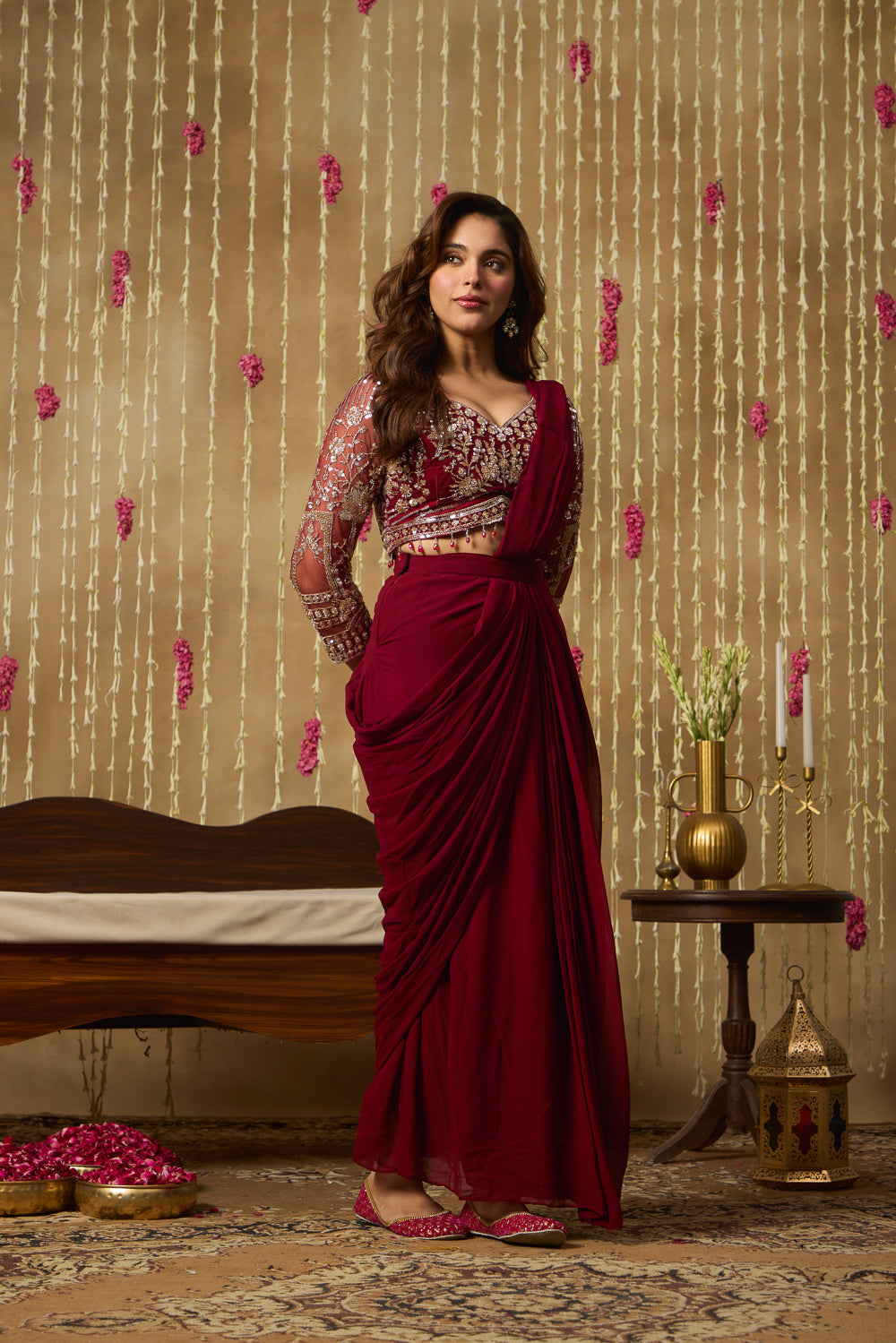 Jhoom Maroon Embellished Saree Set