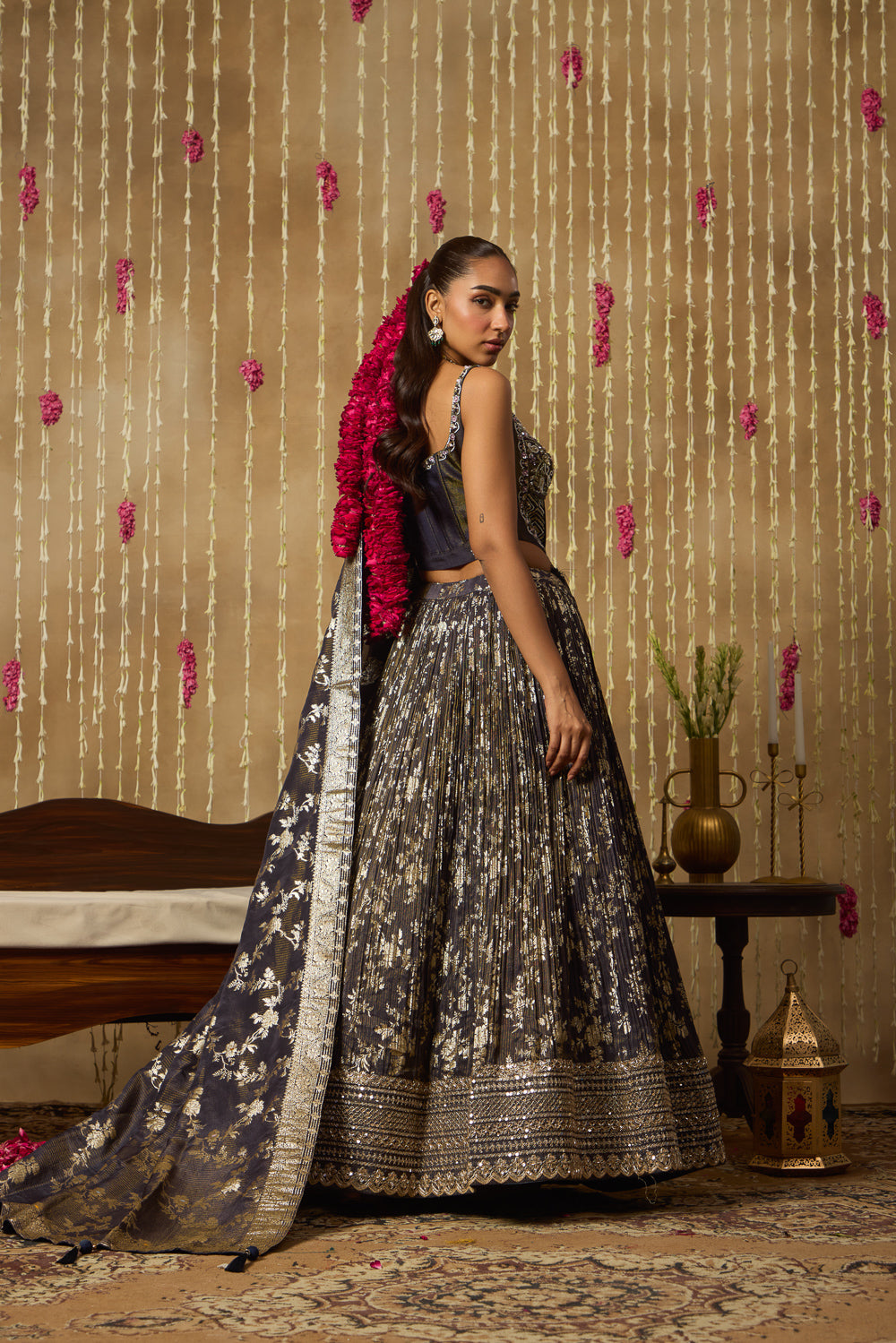 Jhoom Charcoal Banarasi Corset Lehenga Set
