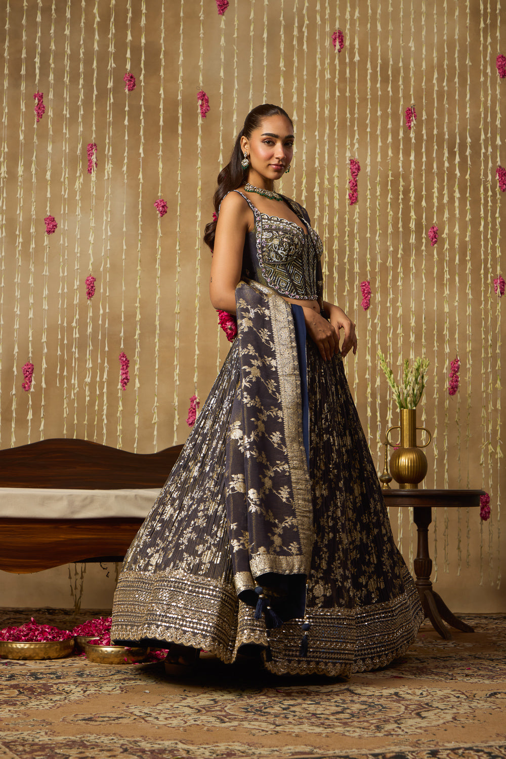 Jhoom Charcoal Banarasi Corset Lehenga Set