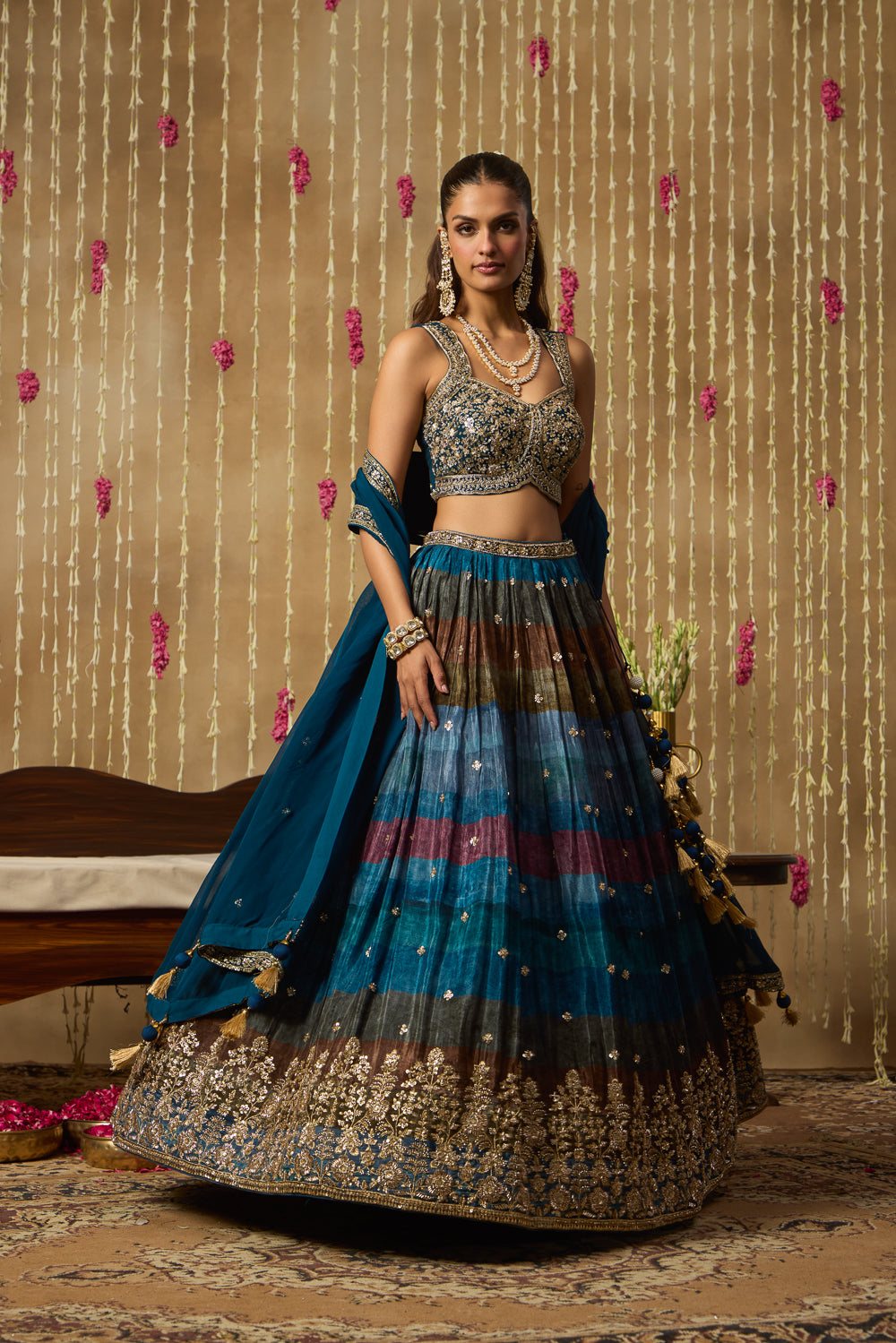 Jhoom Teal Multitone Embroidered Lehenga Set