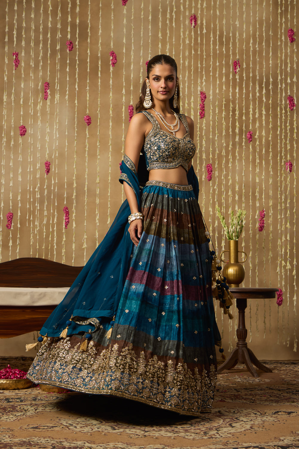 Jhoom Teal Multitone Embroidered Lehenga Set