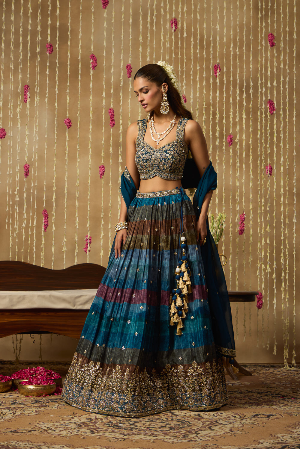 Jhoom Teal Multitone Embroidered Lehenga Set
