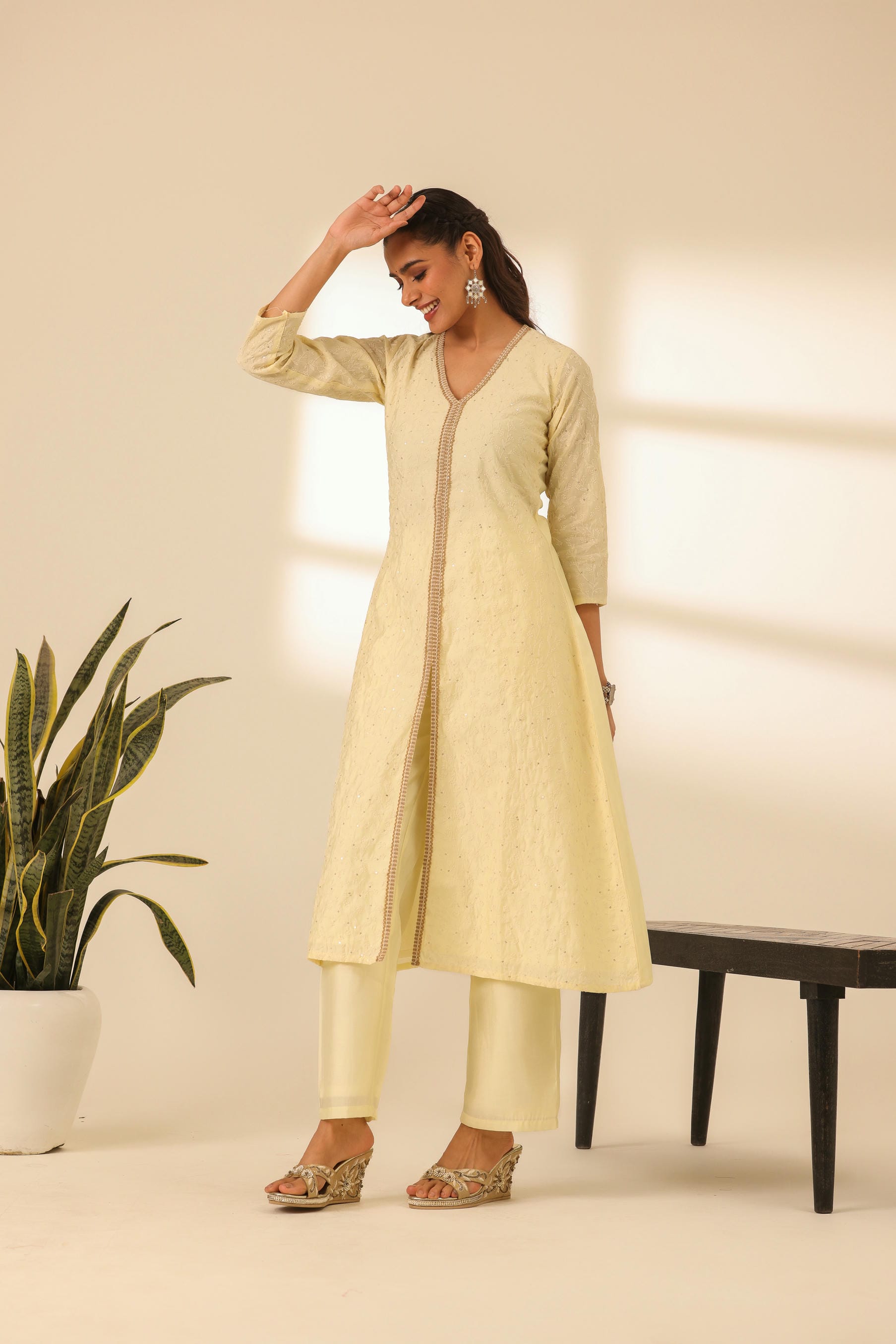 Rangrez Butter Yellow A Line Embroidered Kurta Set