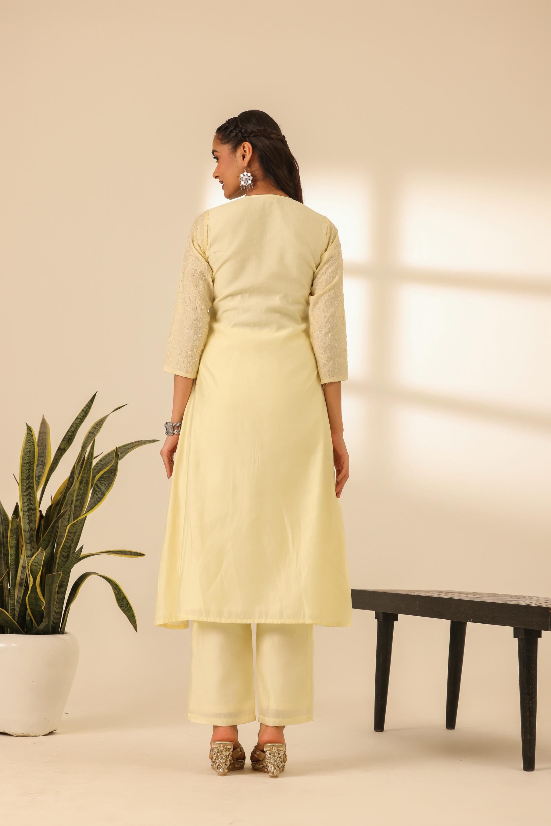 Rangrez Butter Yellow A Line Embroidered Kurta Set