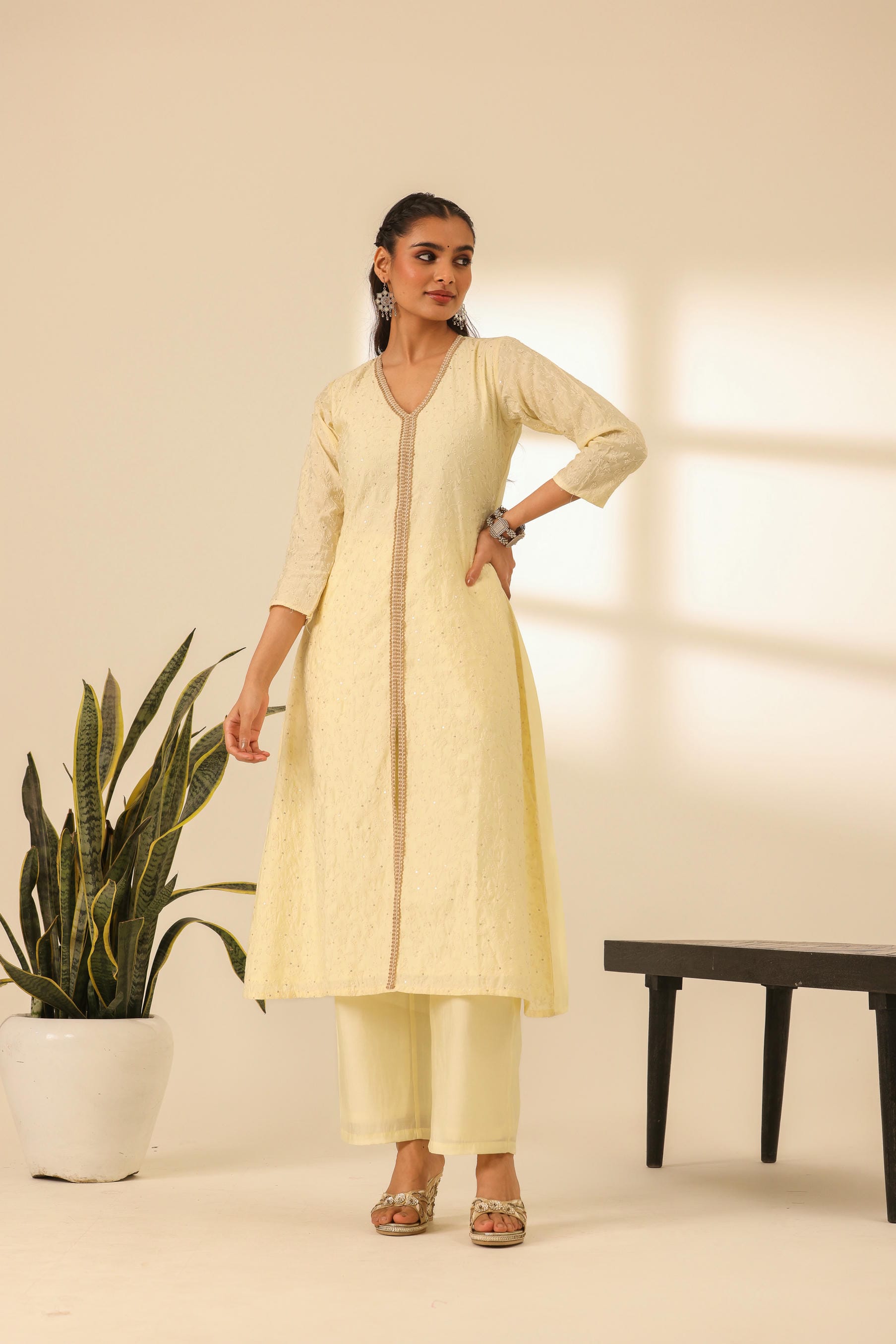 Rangrez Butter Yellow A Line Embroidered Kurta