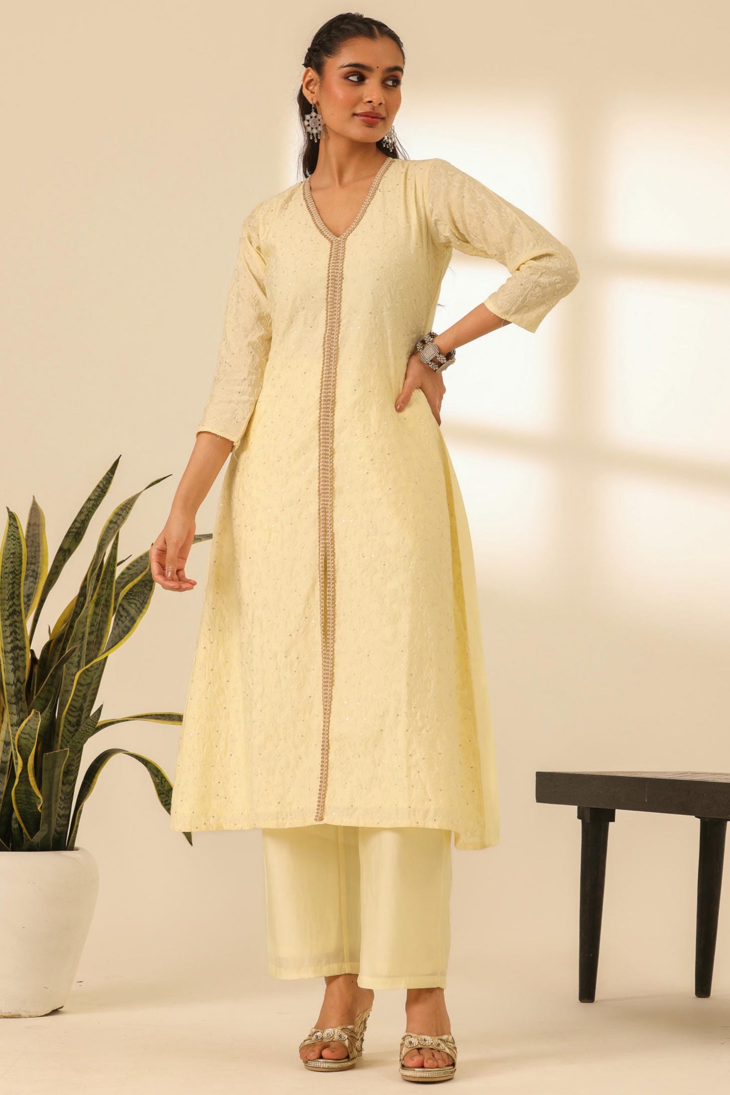 Rangrez Butter Yellow A Line Embroidered Kurta Set