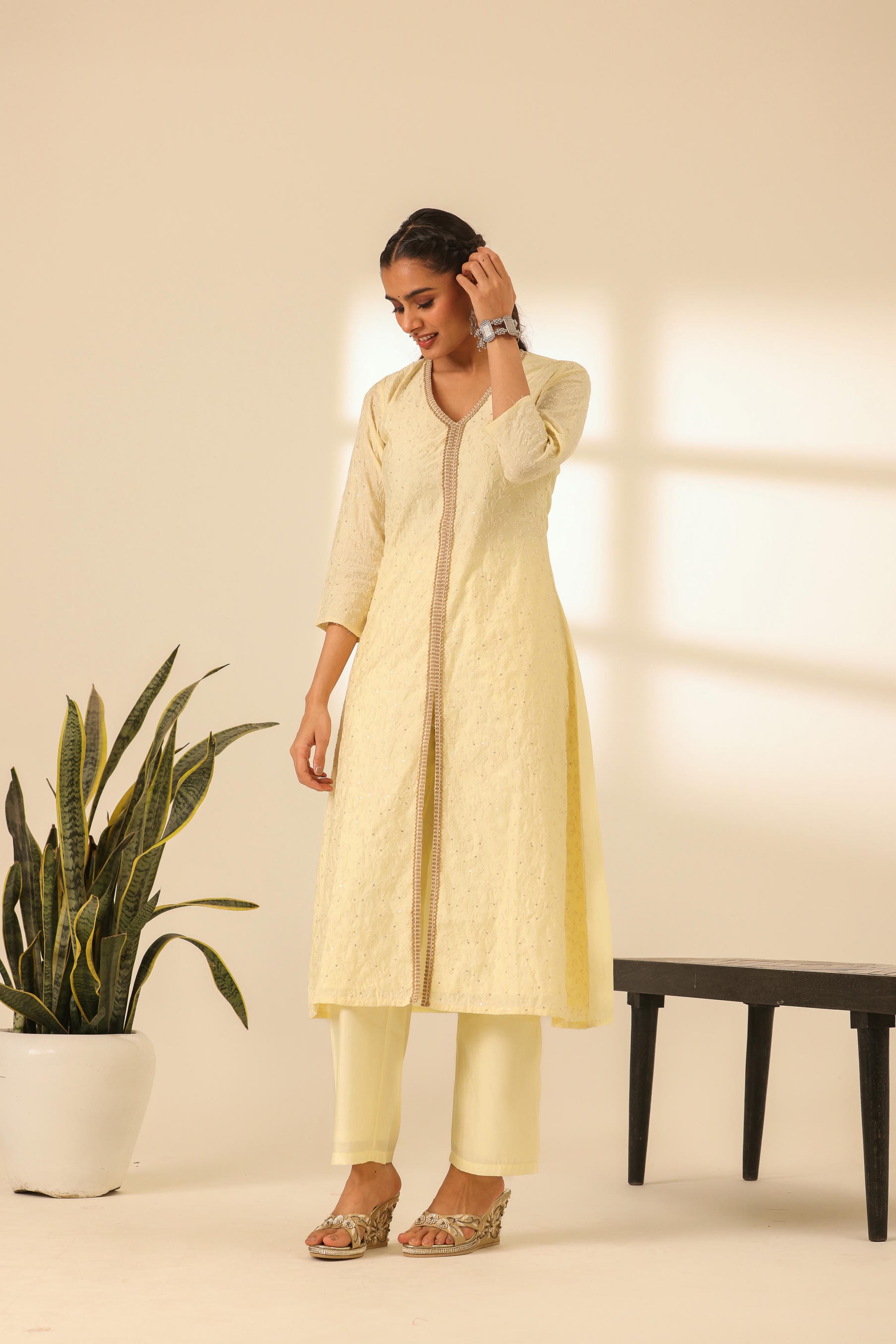Rangrez Butter Yellow A Line Embroidered Kurta Set