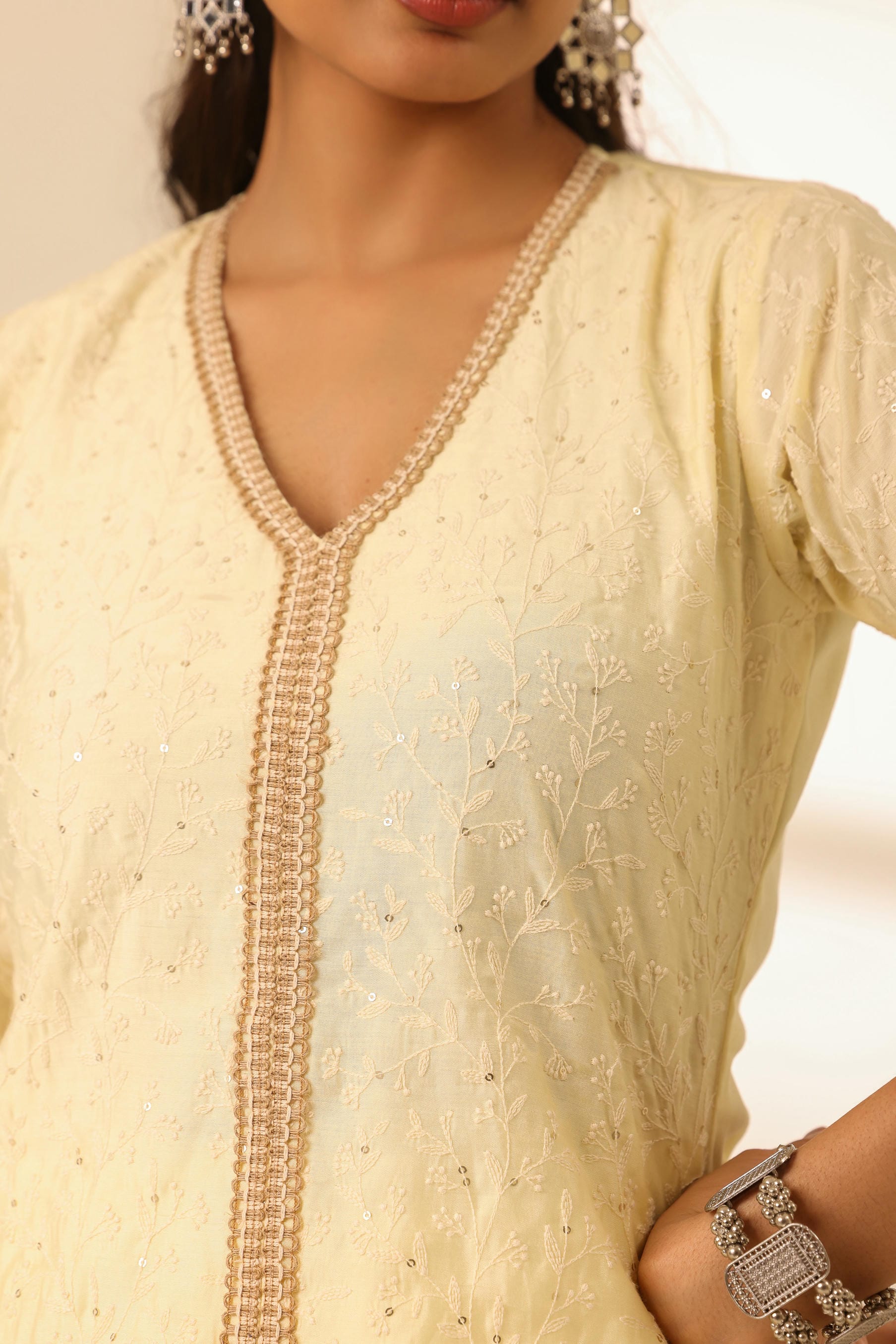 Rangrez Butter Yellow A Line Embroidered Kurta Set
