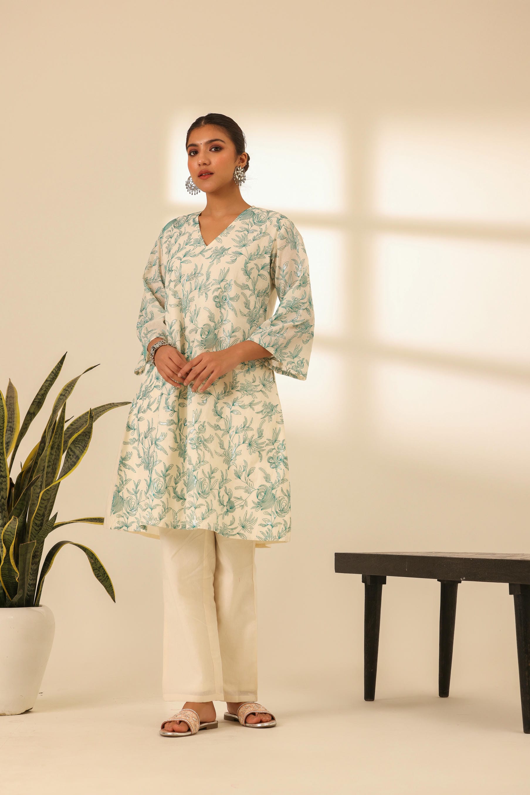 Rangrez Mint Glow A Line Embroidered Kurta Set