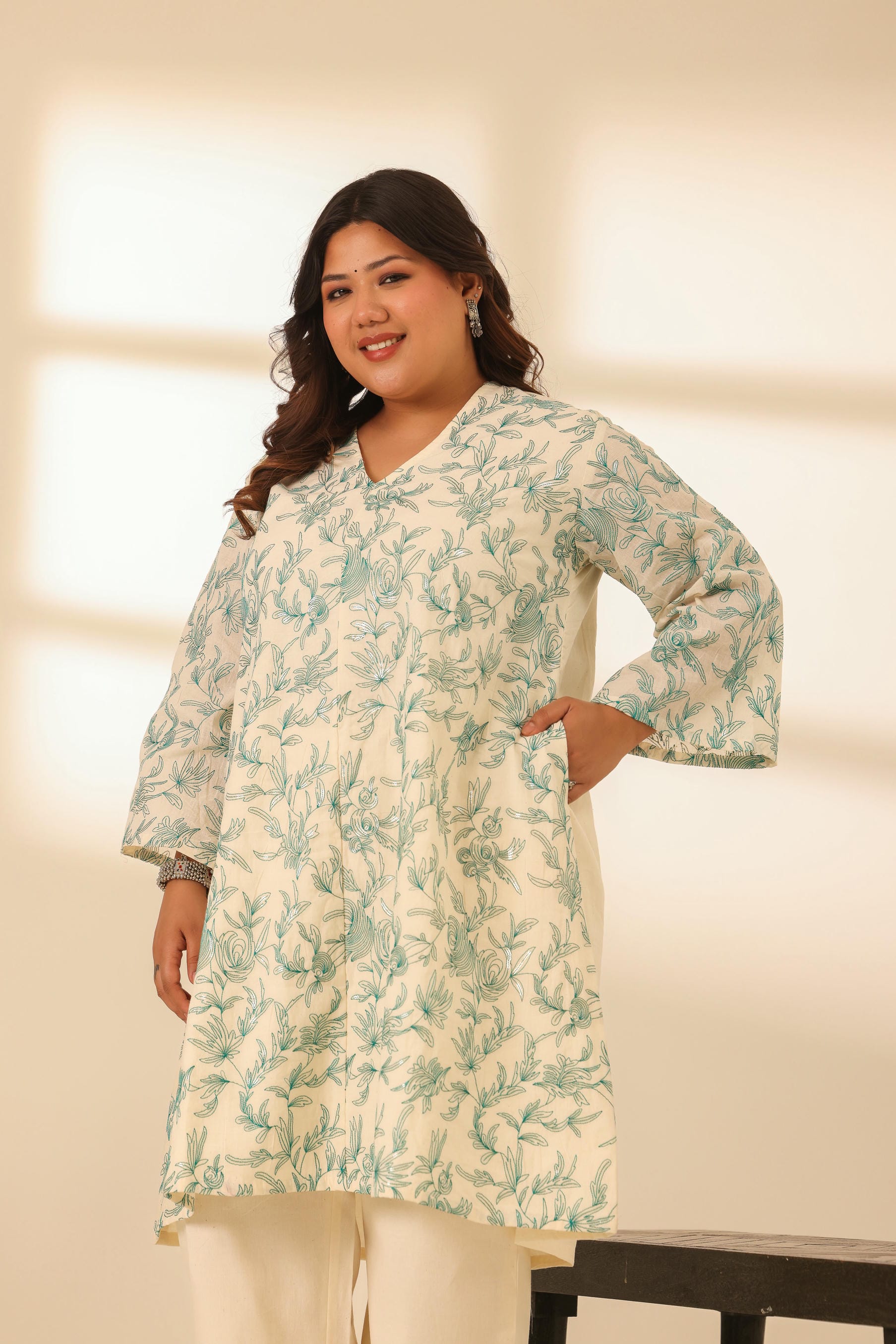 Rangrez Mint Glow A Line Embroidered Kurta Set