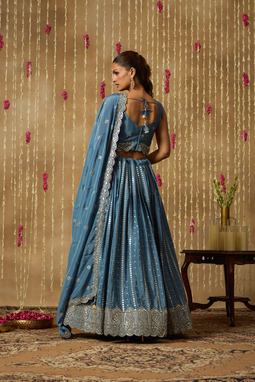 Jhoom Steel Blue Mirror Lehenga Set