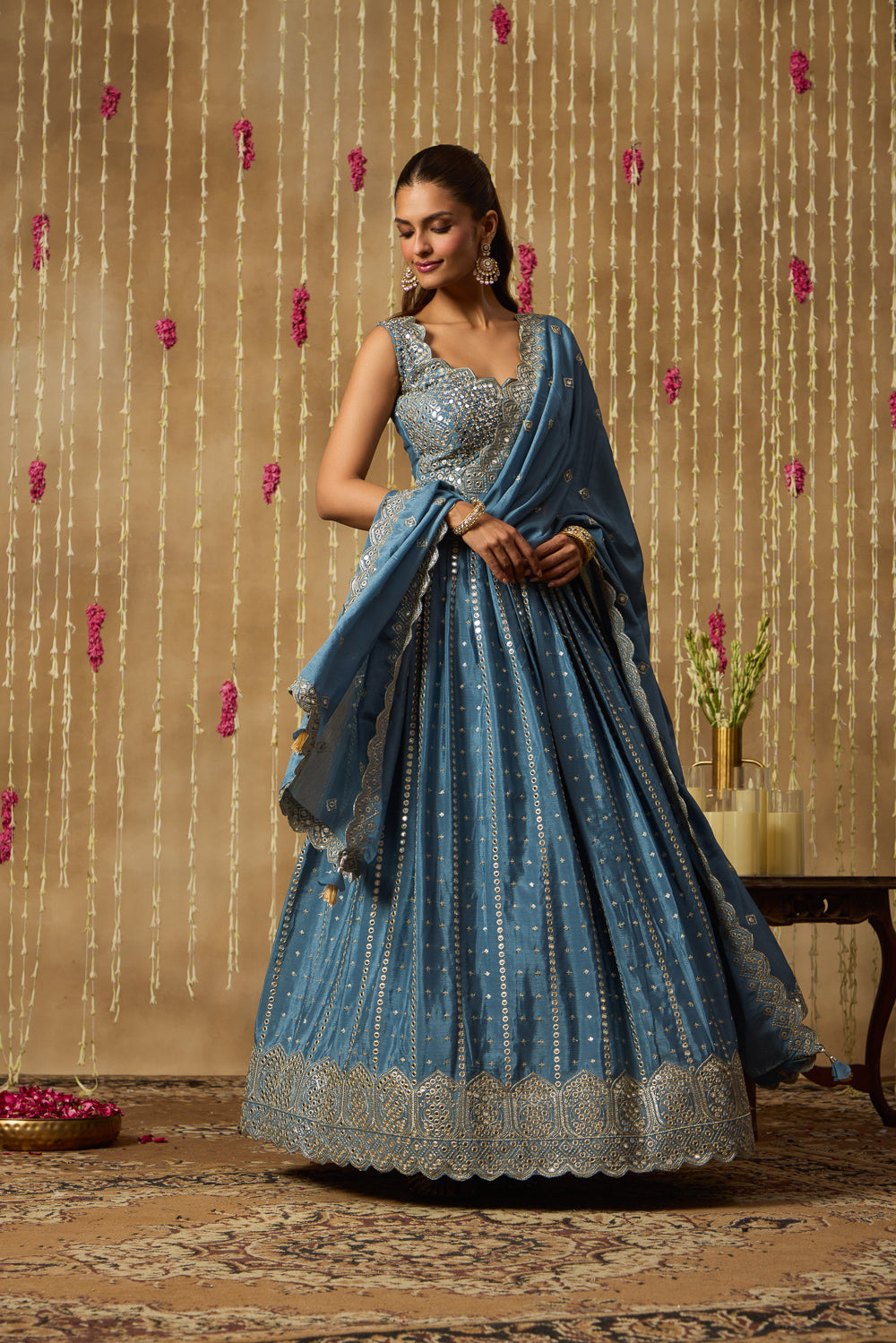 Jhoom Steel Blue Mirror Lehenga Set