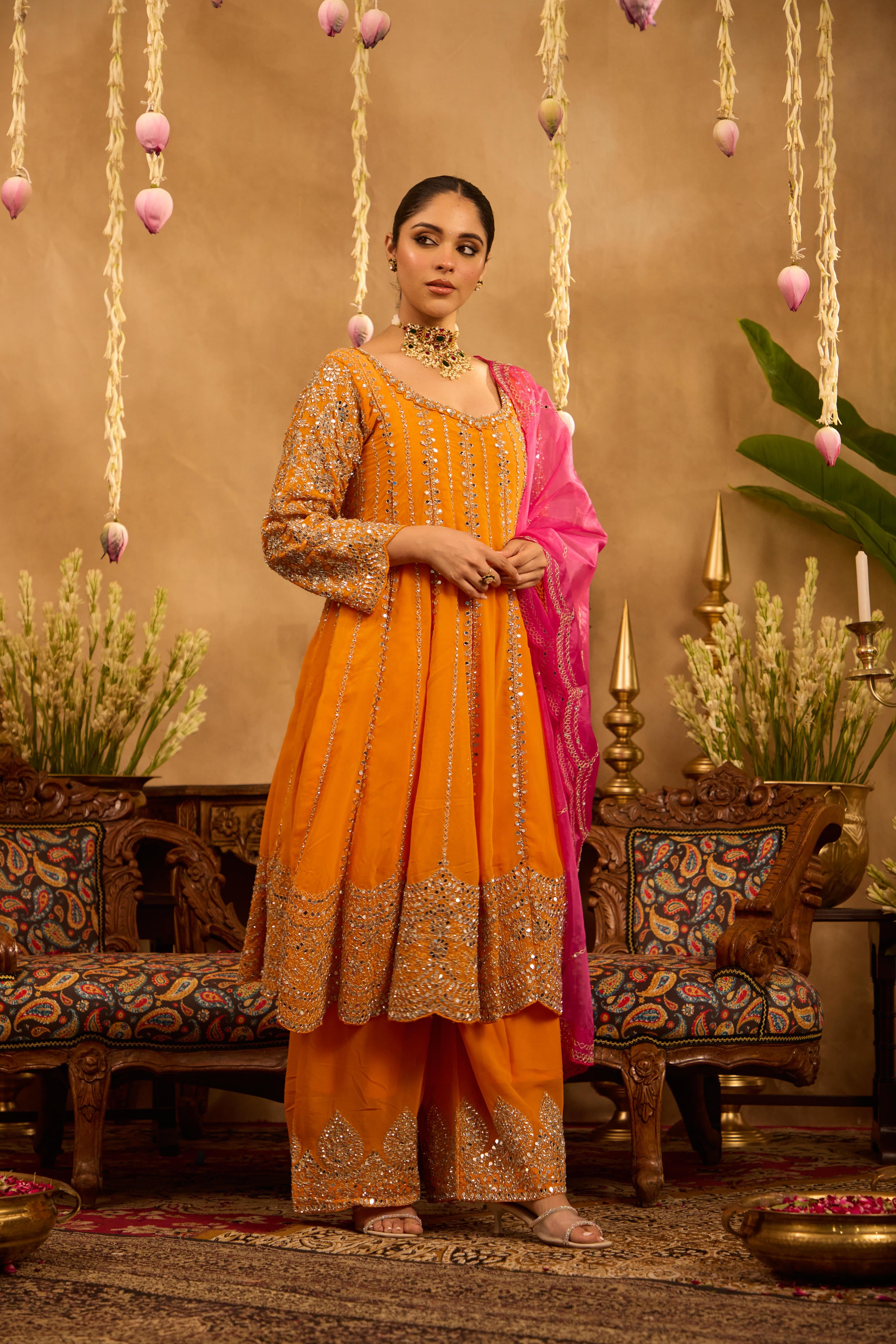 Mastaani Tangerine Mirror Anarkali Set