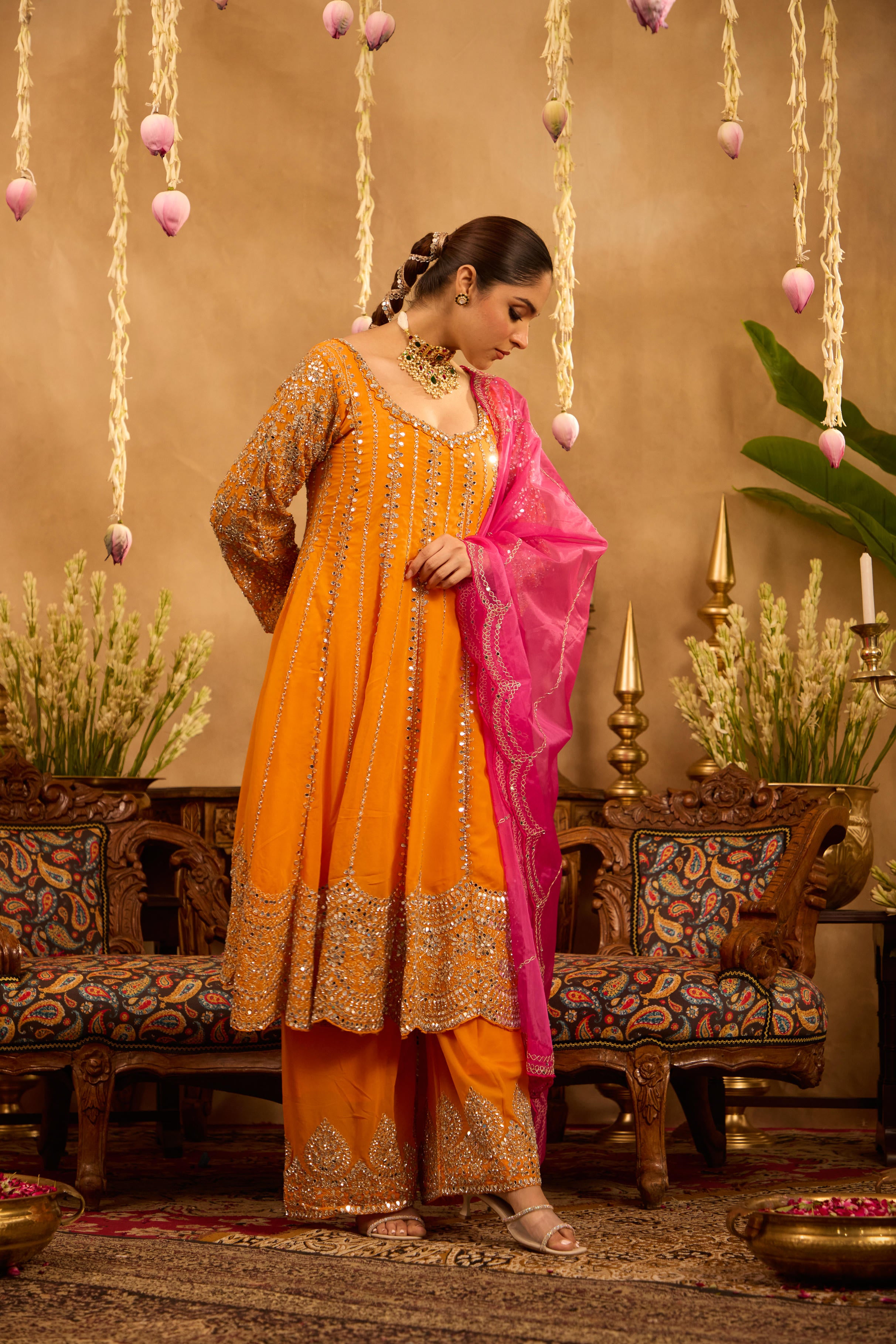Mastaani Tangerine Mirror Anarkali Set