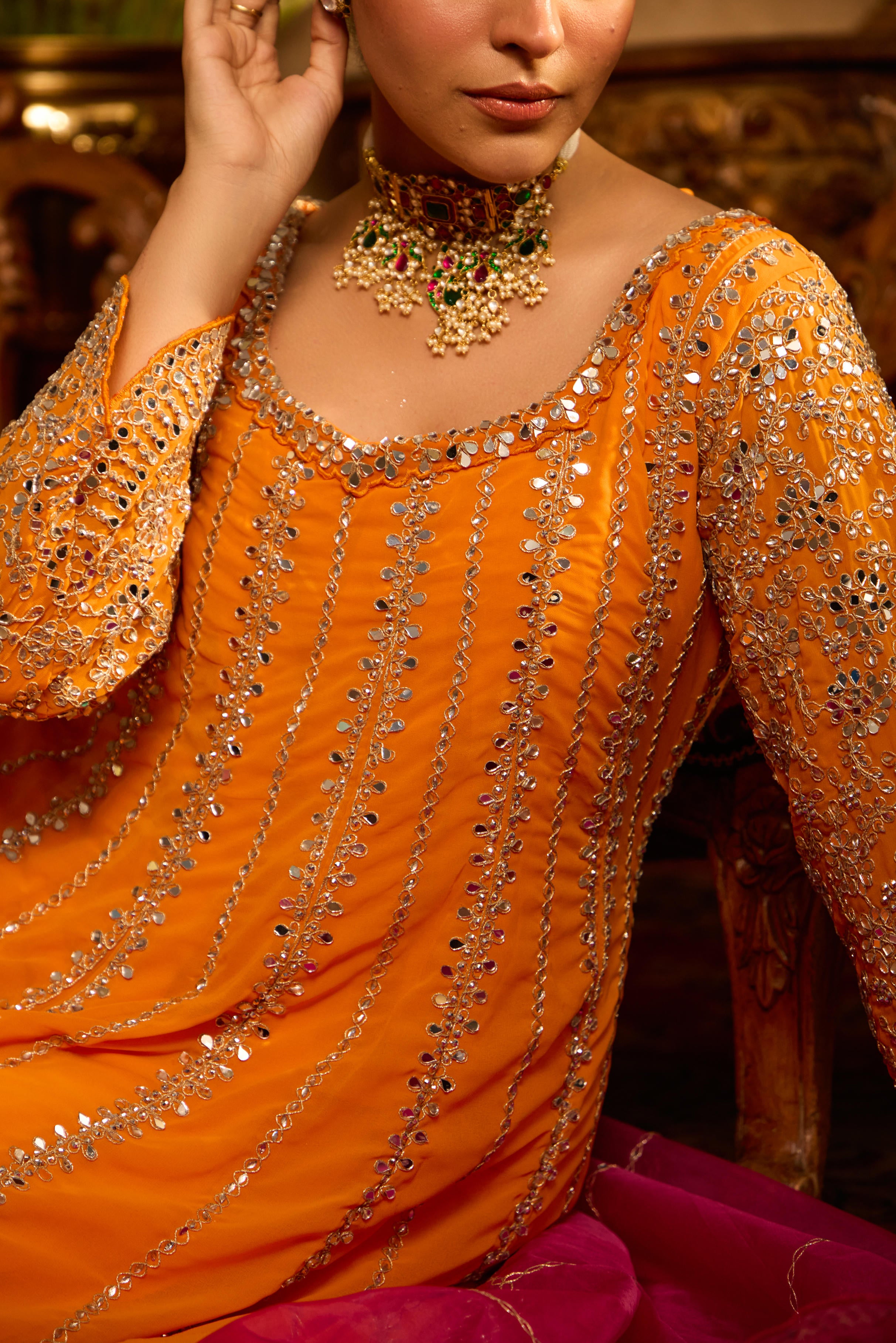 Mastaani Tangerine Mirror Anarkali Set