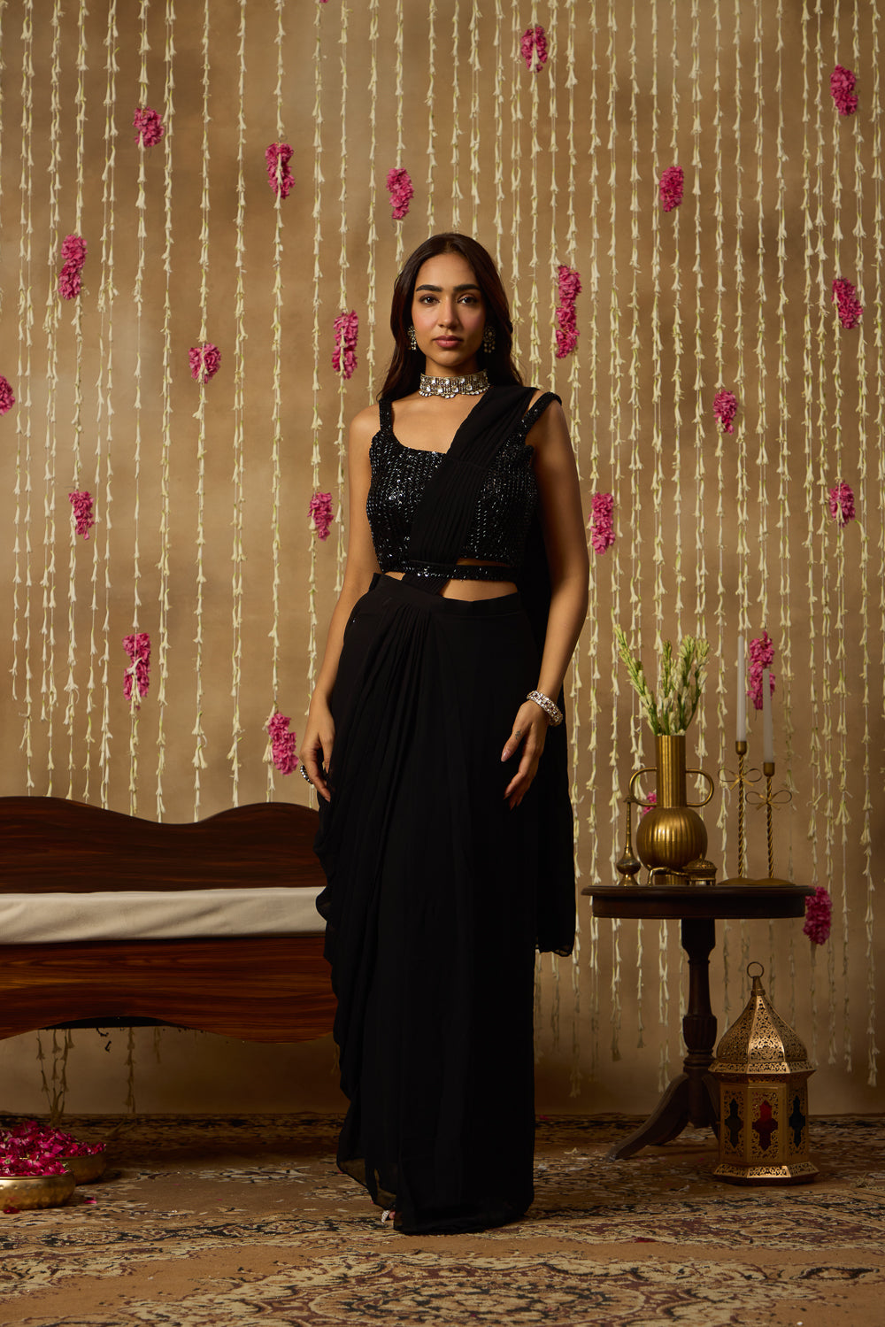 Jhoom Black Pre Draped Saree Set