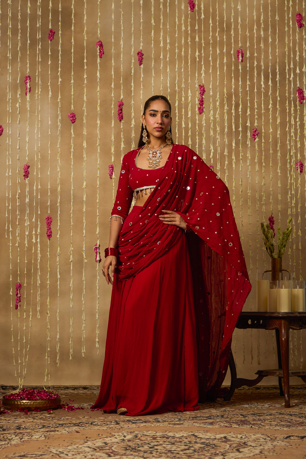 Jhoom Scarlet Mirror Drape Saree Set