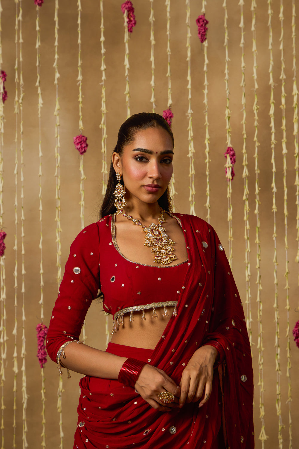 Jhoom Scarlet Mirror Drape Saree Set