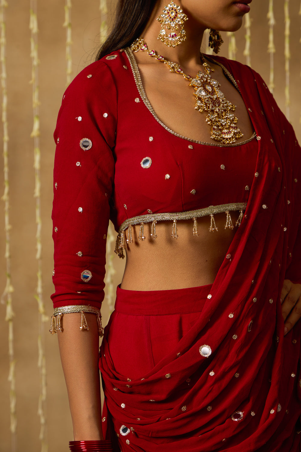 Jhoom Scarlet Mirror Drape Saree Set
