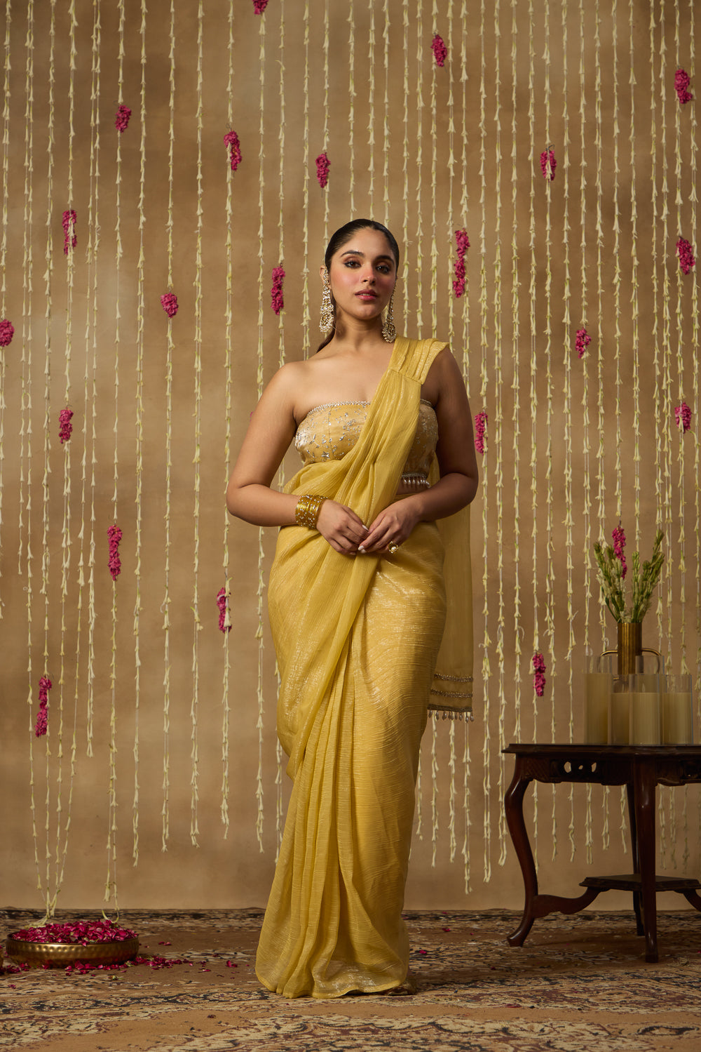 Jhoom Butter Yellow Drape Saree Set
