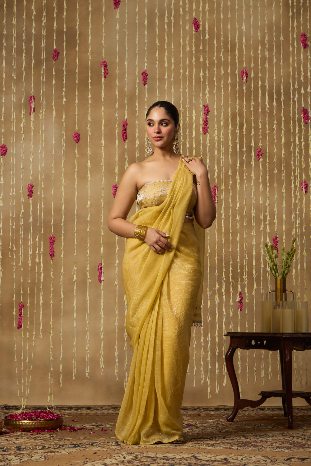 Jhoom Butter Yellow Drape Saree Set