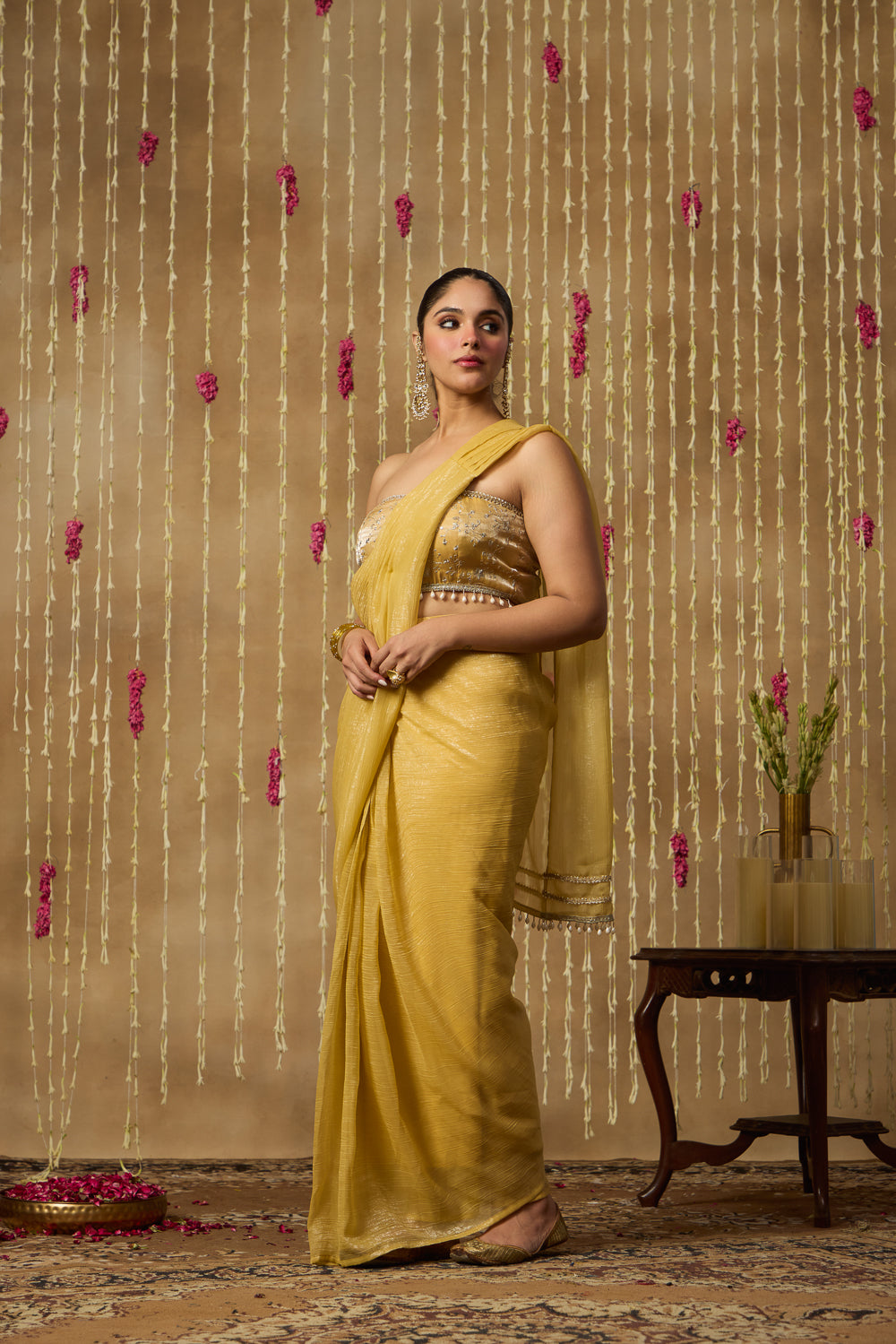Jhoom Butter Yellow Drape Saree Set