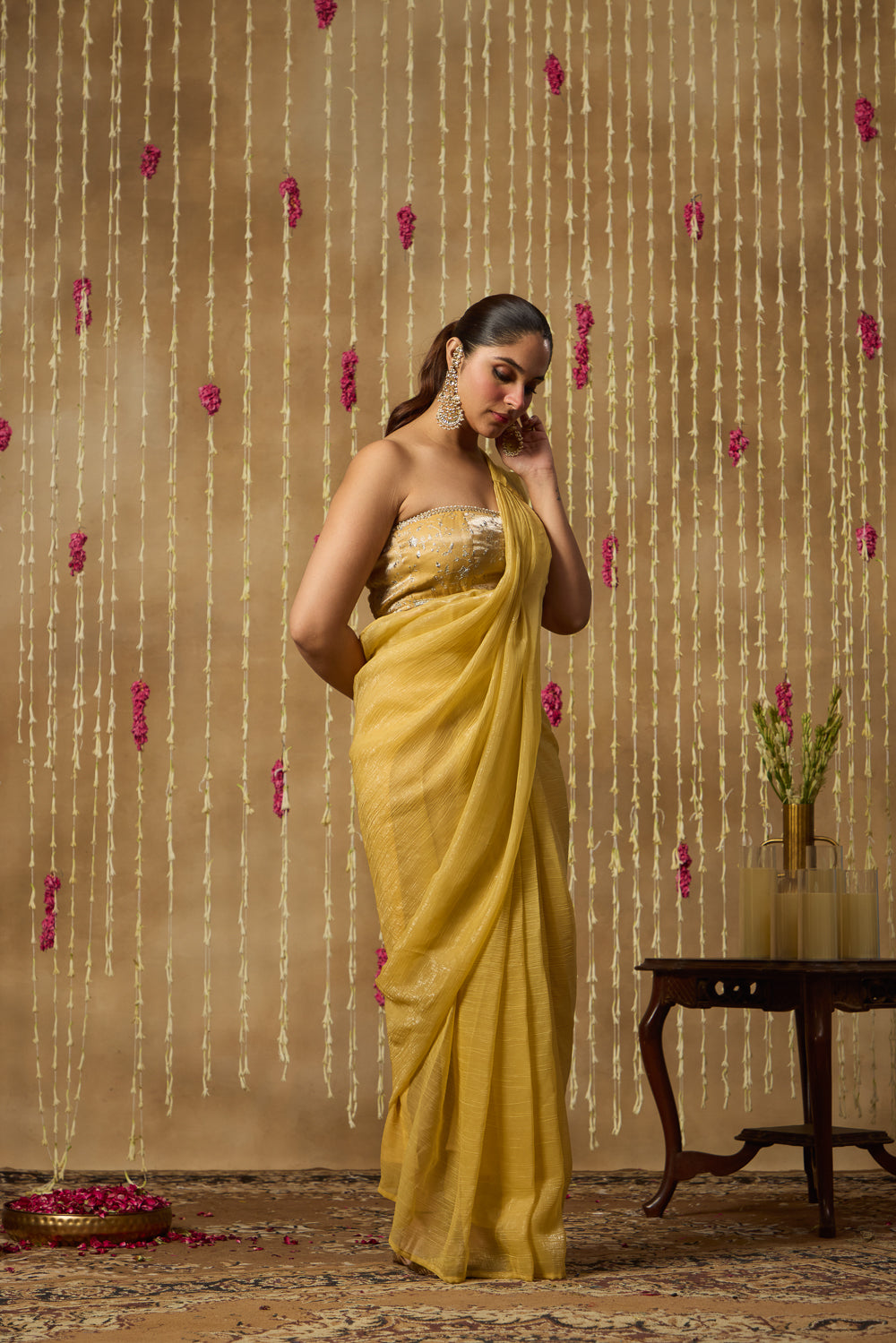 Jhoom Butter Yellow Drape Saree Set