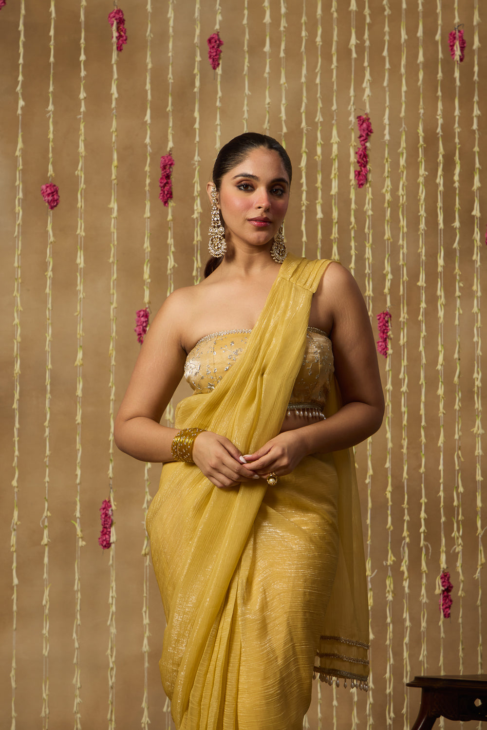 Jhoom Butter Yellow Drape Saree Set