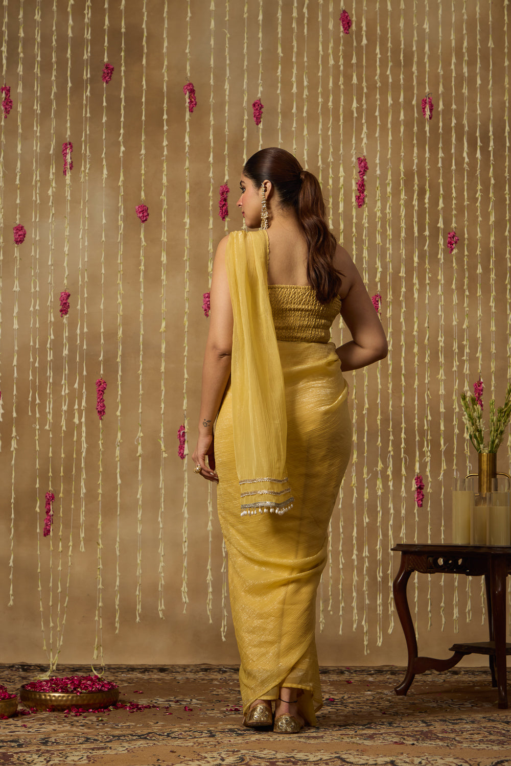 Jhoom Butter Yellow Drape Saree Set