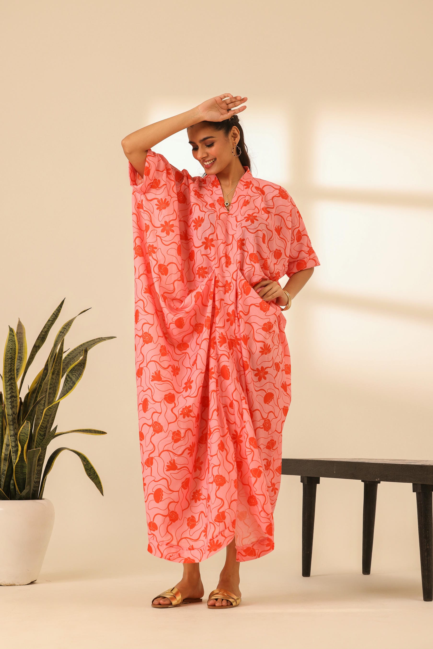 Rangrez Flamingo Draped Kaftan