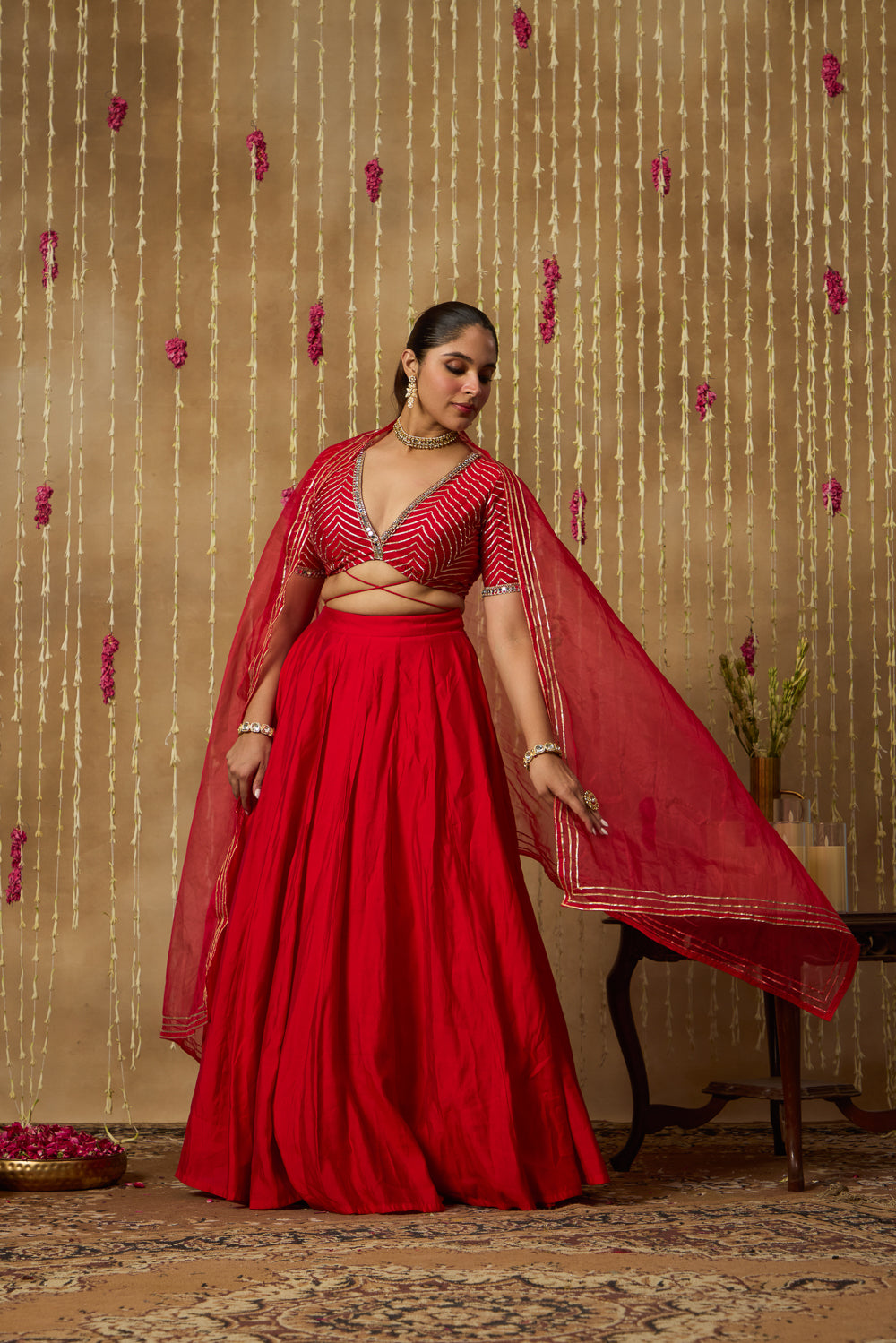 Jhoom Scarlet Chevron Lehenga Set