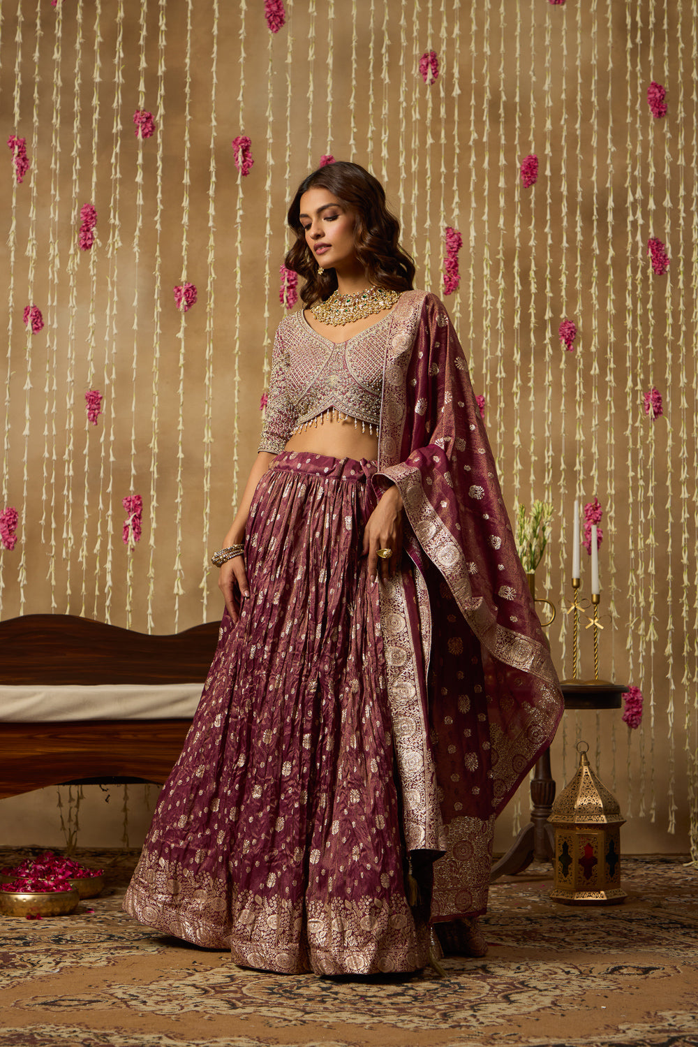 Jhoom Wine Banarasi Lehenga Set