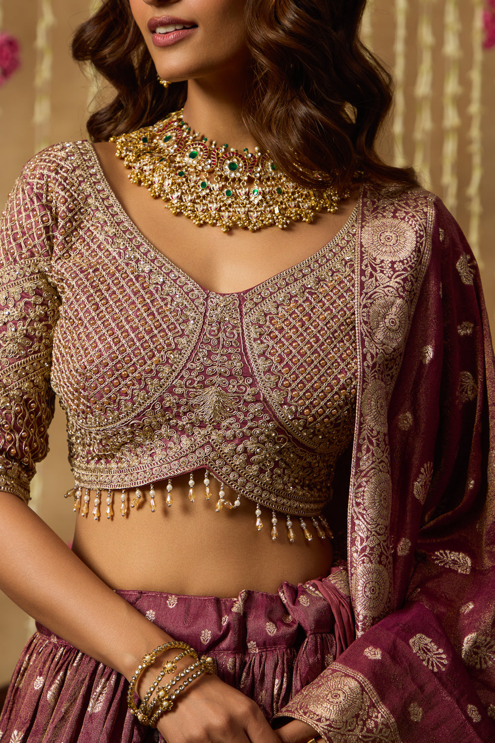 Jhoom Wine Banarasi Lehenga Set