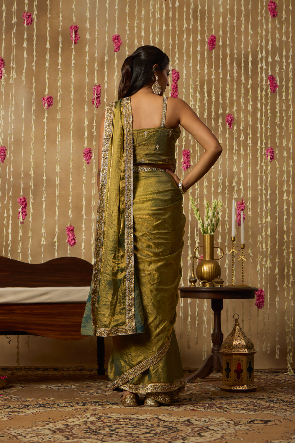 Jhoom Olive Embroidered Saree Set