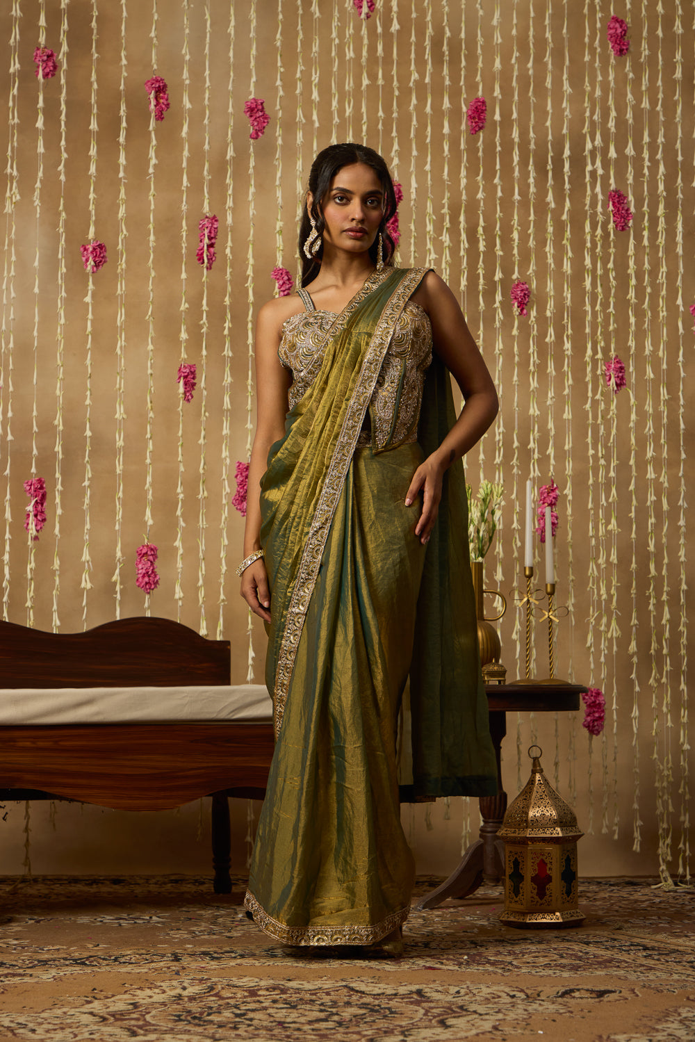 Jhoom Olive Embroidered Saree Set