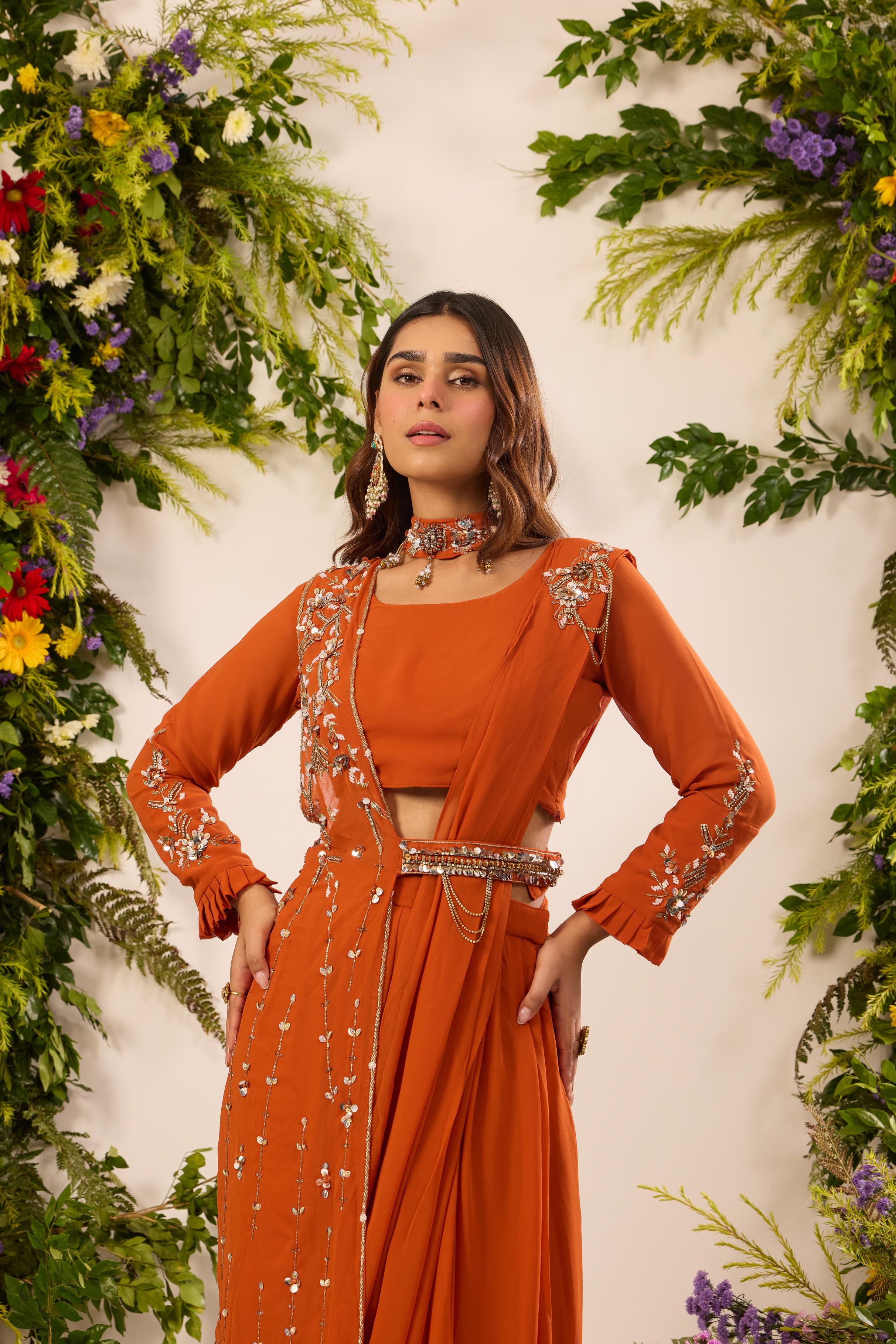 Mastaani Saffron Ember Saree Set