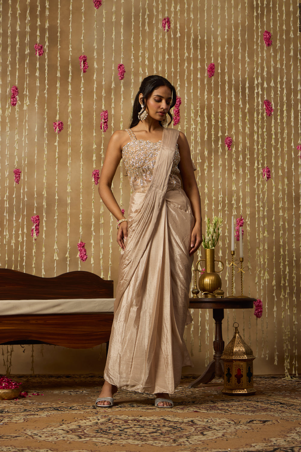 Jhoom Beige Sequin Saree Set