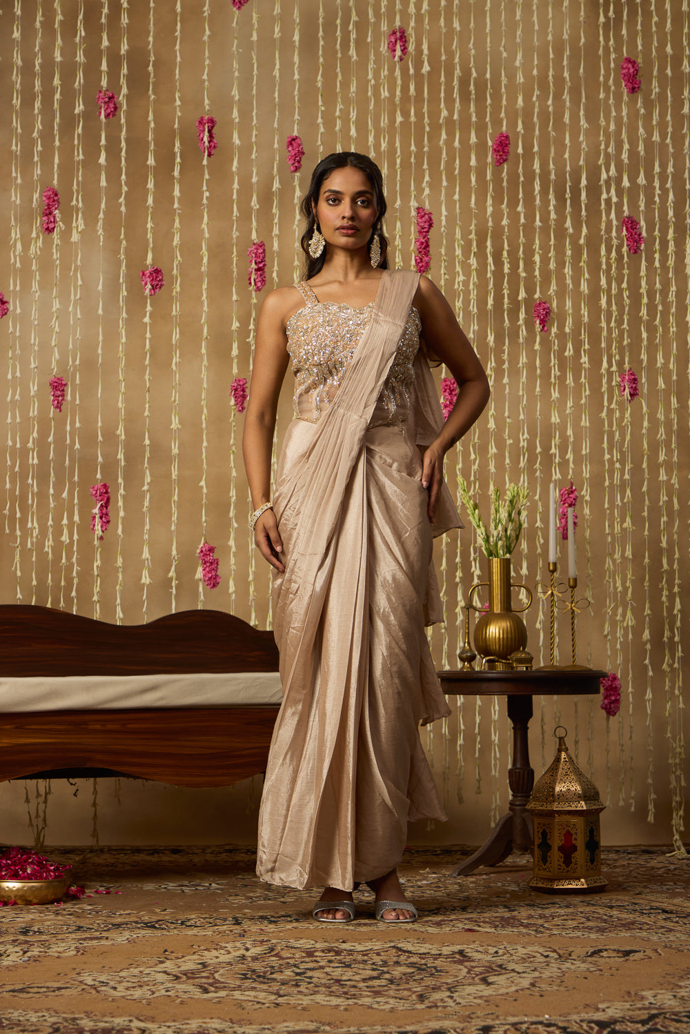 Jhoom Beige Sequin Saree Set