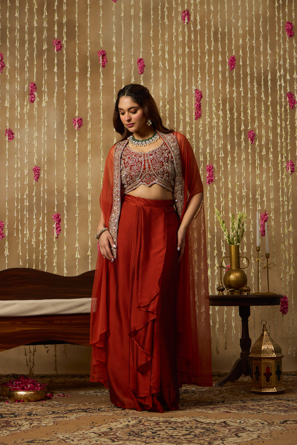 Jhoom Rust Embroidered Drape Set