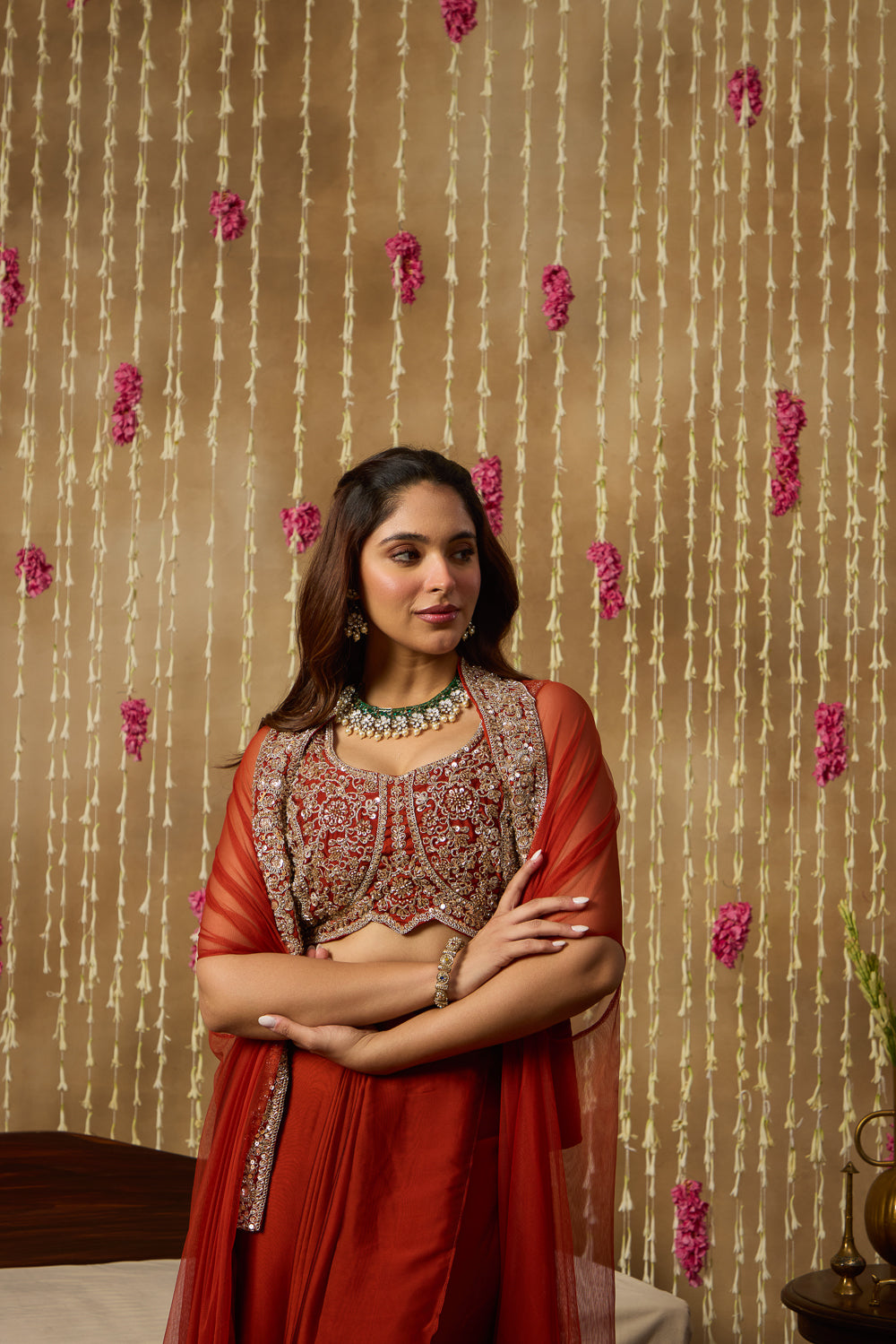 Jhoom Rust Embroidered Drape Set