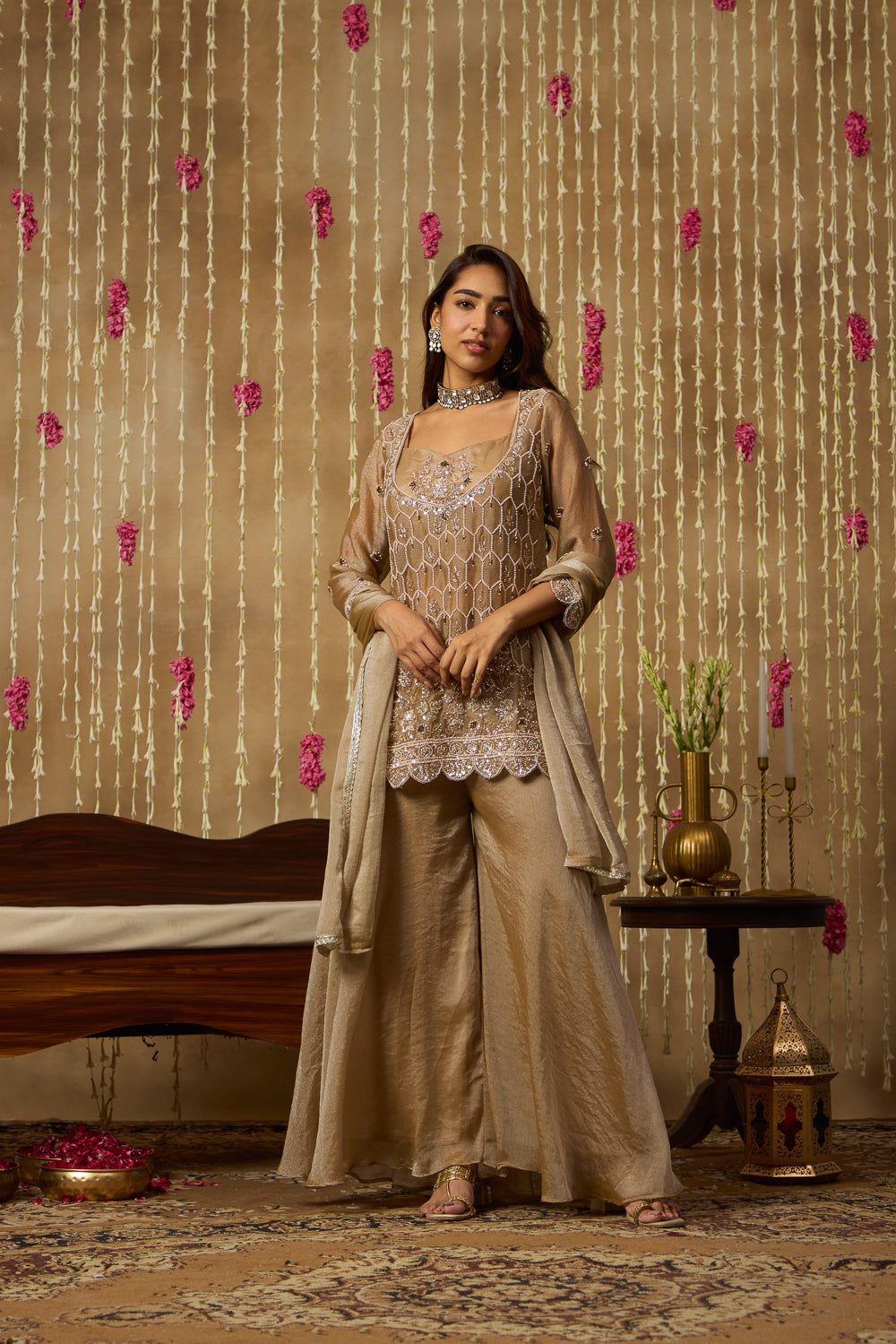 Jhoom Taupe Mirror Embroidered Kurta Set