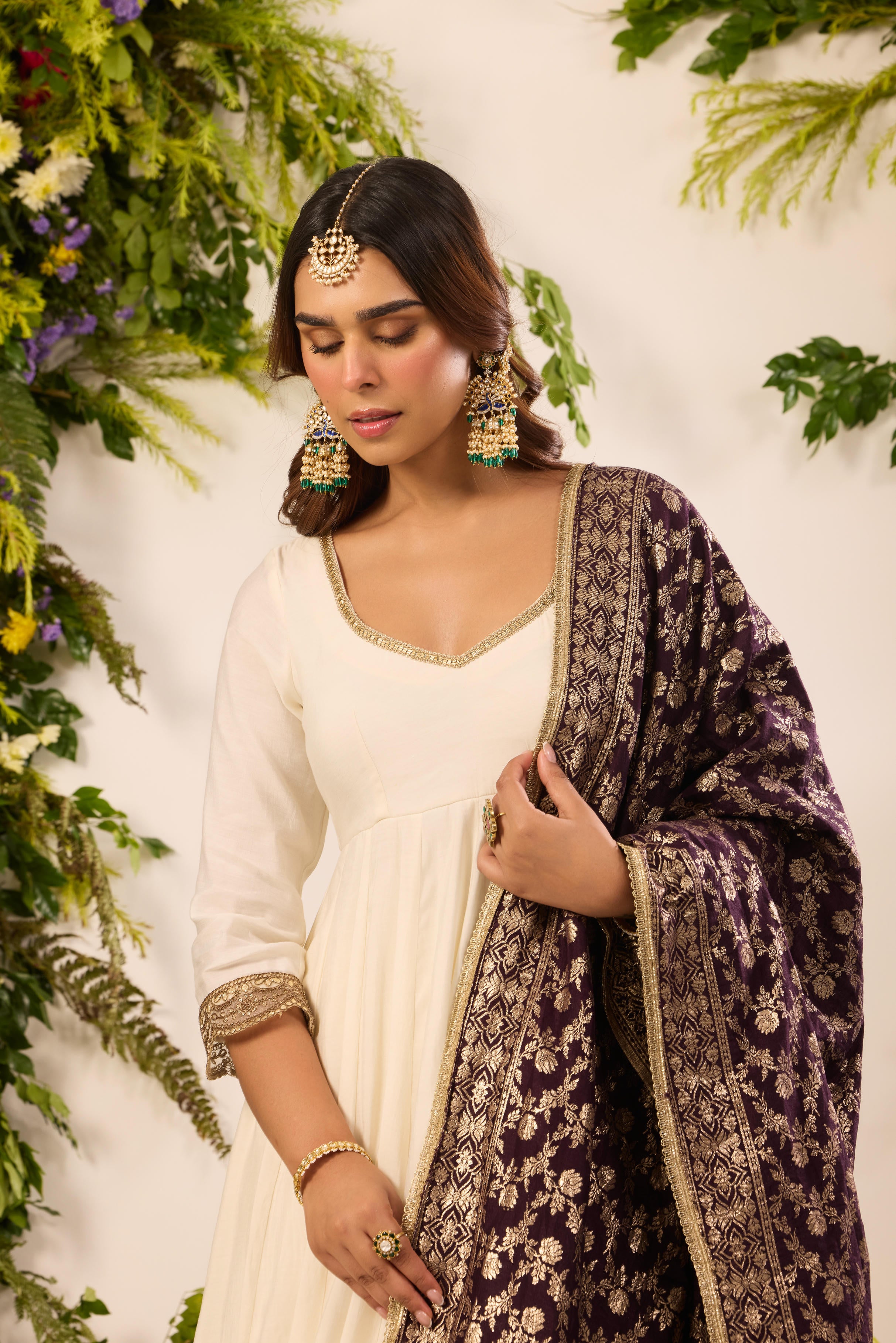 Mastaani Classic Ivory Anarkali Set - Purple Dupatta