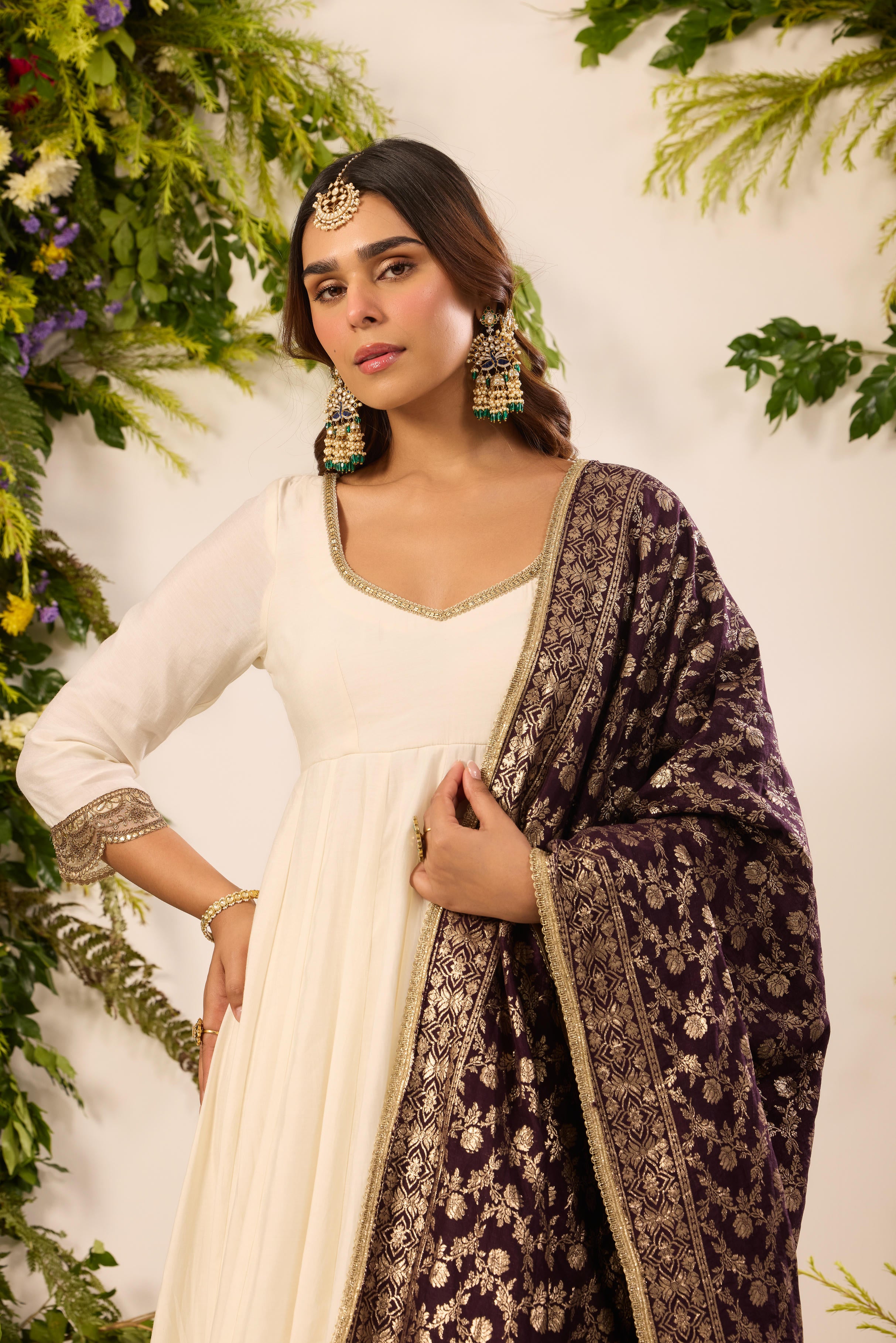 Mastaani Classic Ivory Anarkali Set - Purple Dupatta