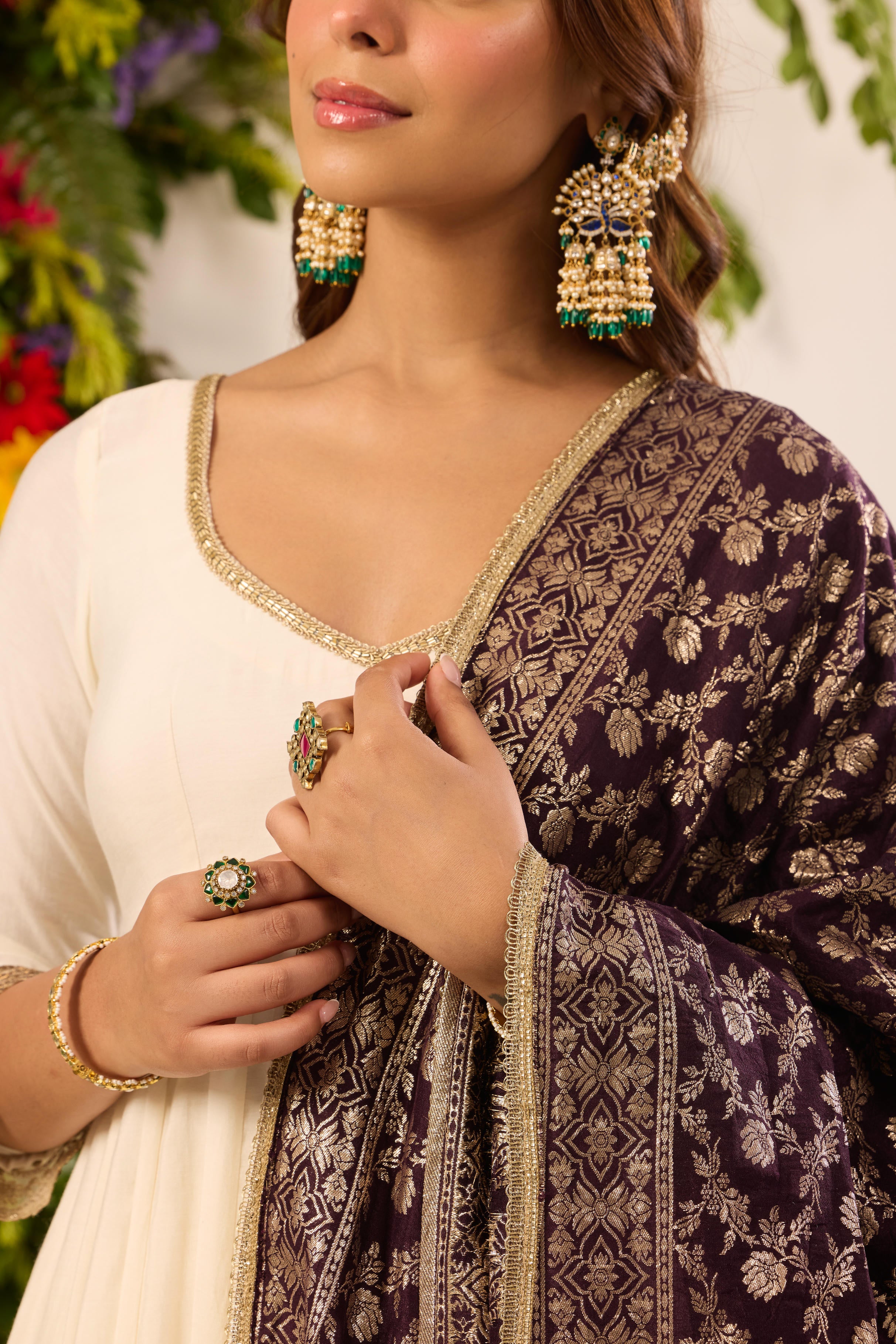 Mastaani Classic Ivory Anarkali Set - Purple Dupatta